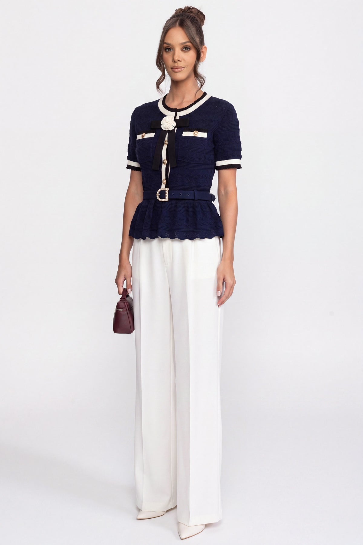 Peplum Knit Top With Contrast Sailor Collar And Pearl Buttons - Navy