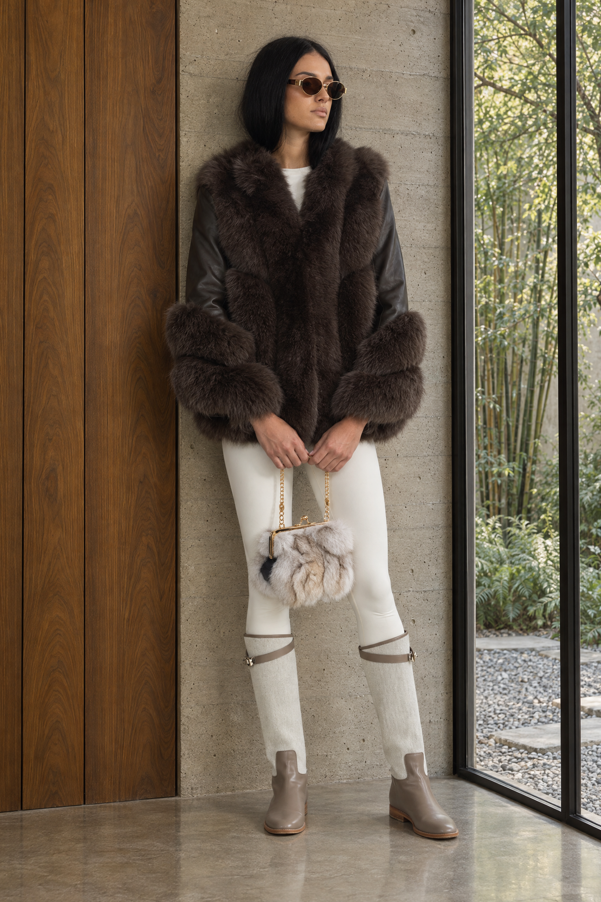 Fox Fur Panel Shearling Jacket - Chocolate