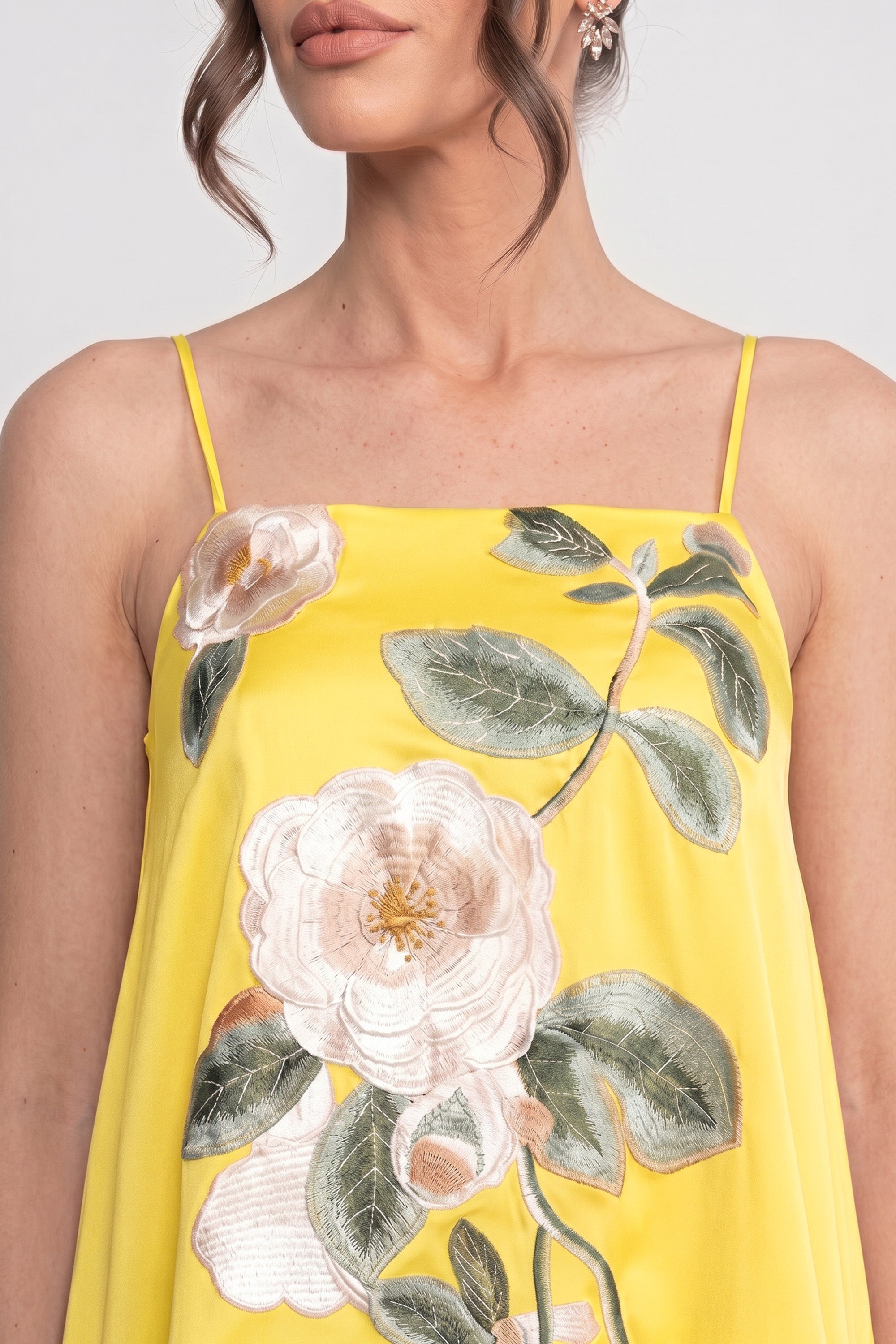 Spaghetti-Strap Mini Dress With 3D Floral Appliqué And A-Line Skirt - Yellow