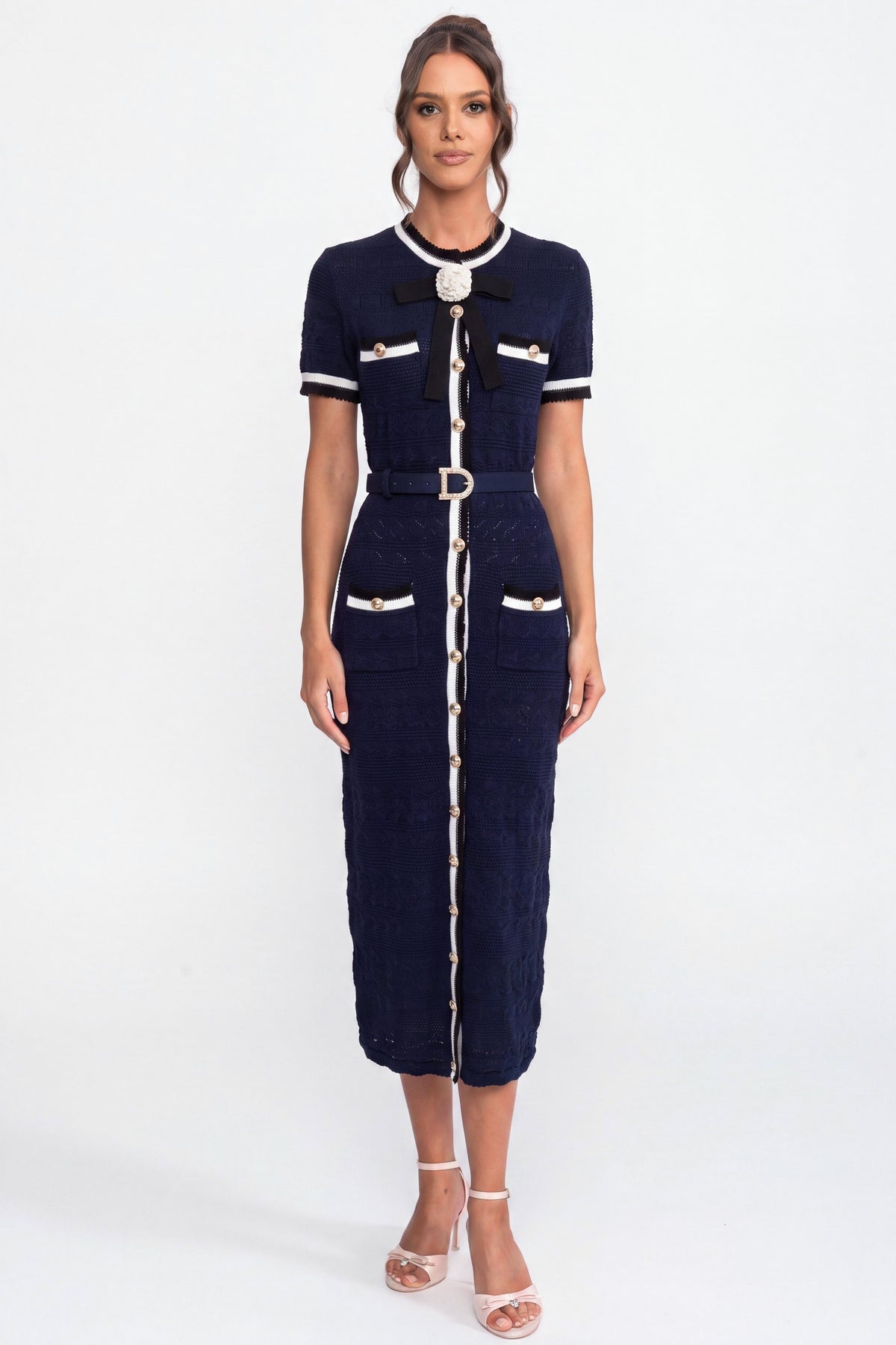Knit Midi Dress With White Piping And Gold Buckle Belt - Navy
