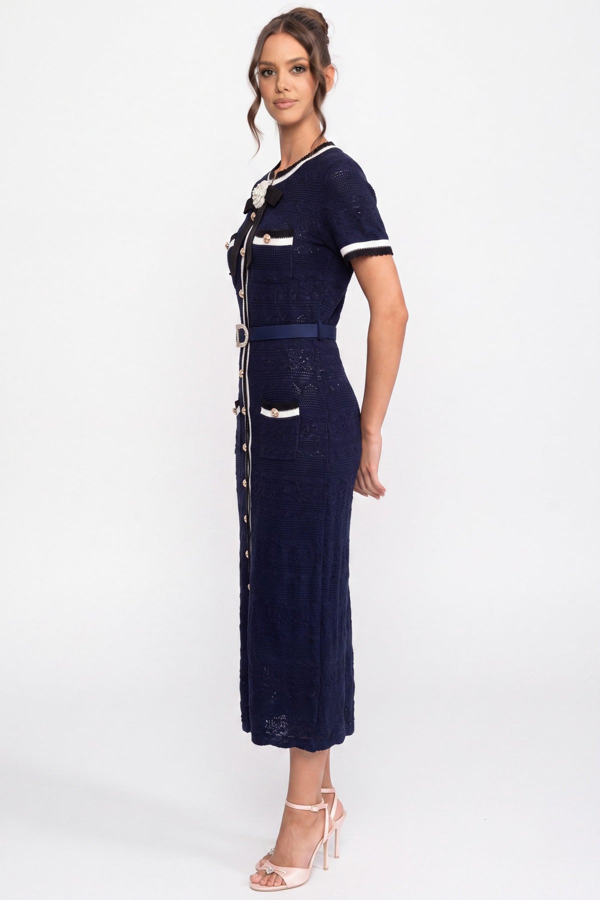 Knit Midi Dress With White Piping And Gold Buckle Belt - Navy