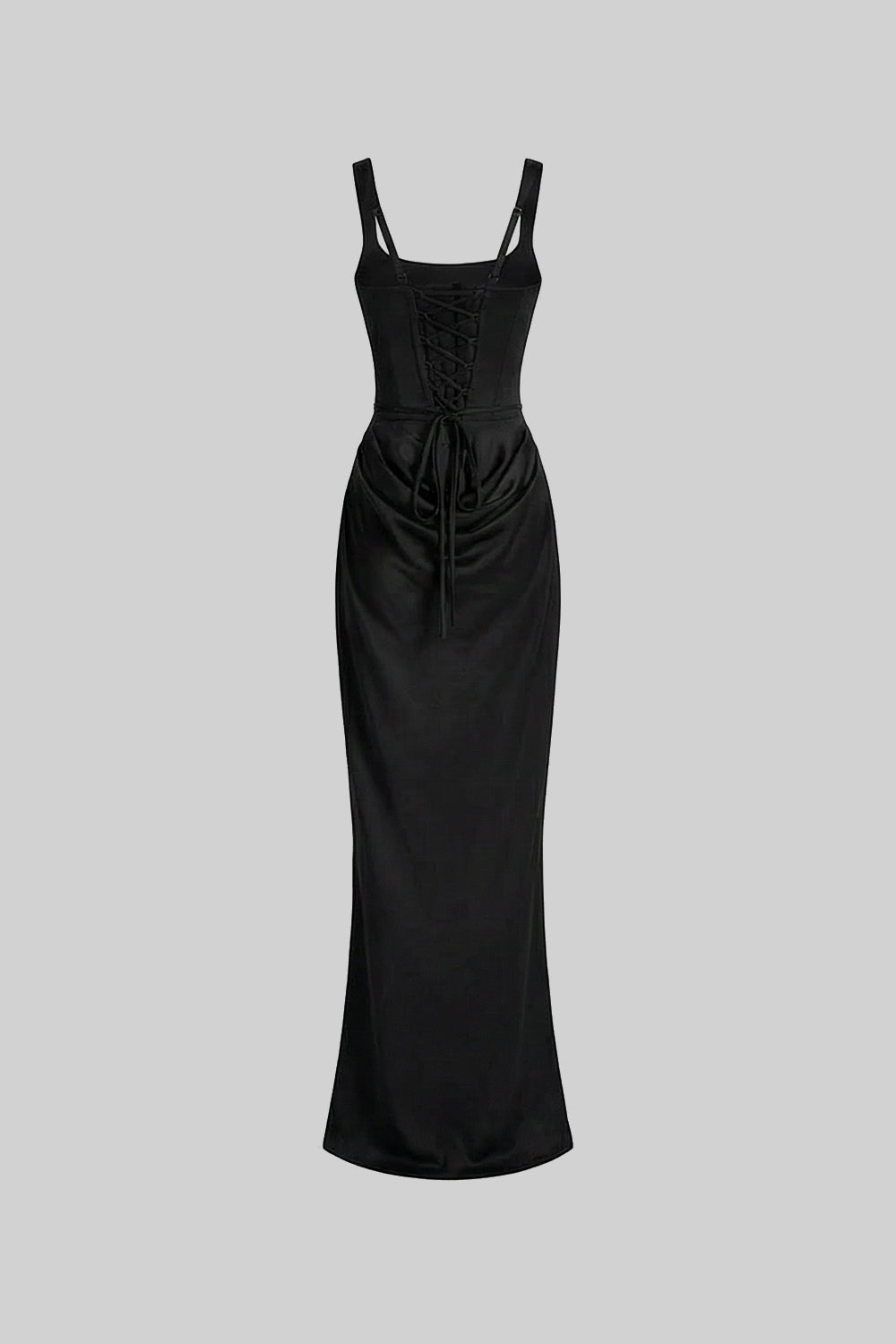 Corset Maxi Dress with Draped Hip Detail – Black