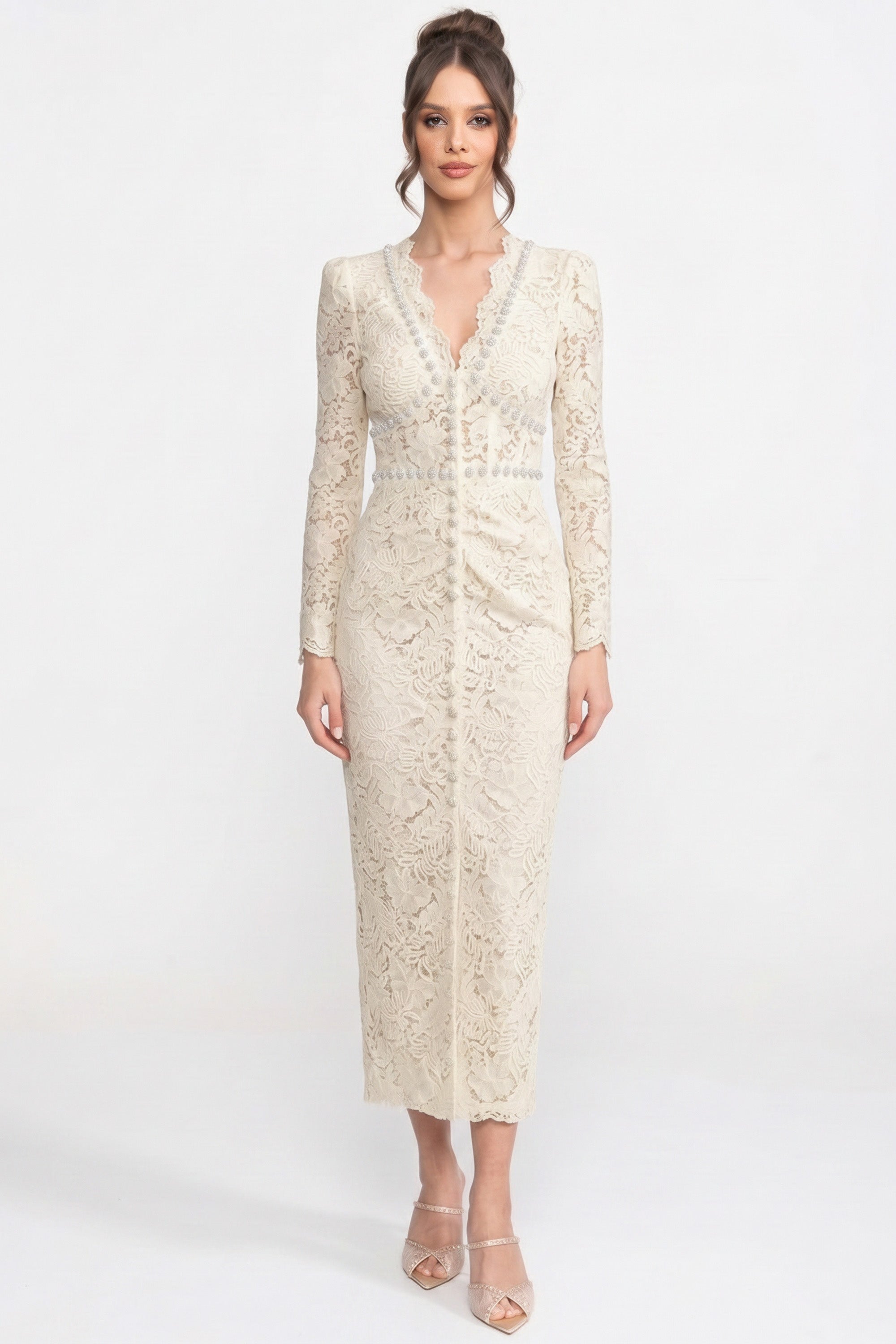 Lace Midi Dress With Crystal V-Neckline And Ruched Front Detail - Ivoire