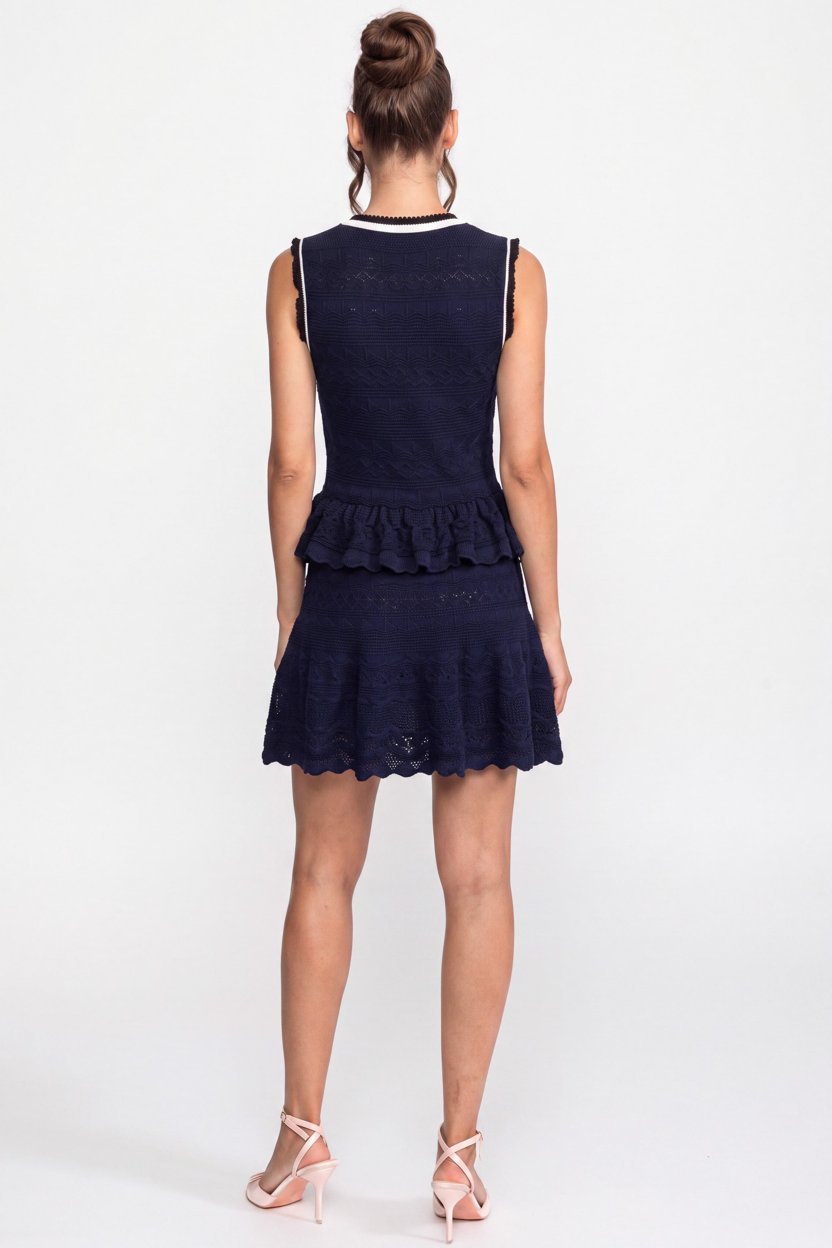 Peplum Knit Mini Dress With Contrast Trim And Bow - Navy