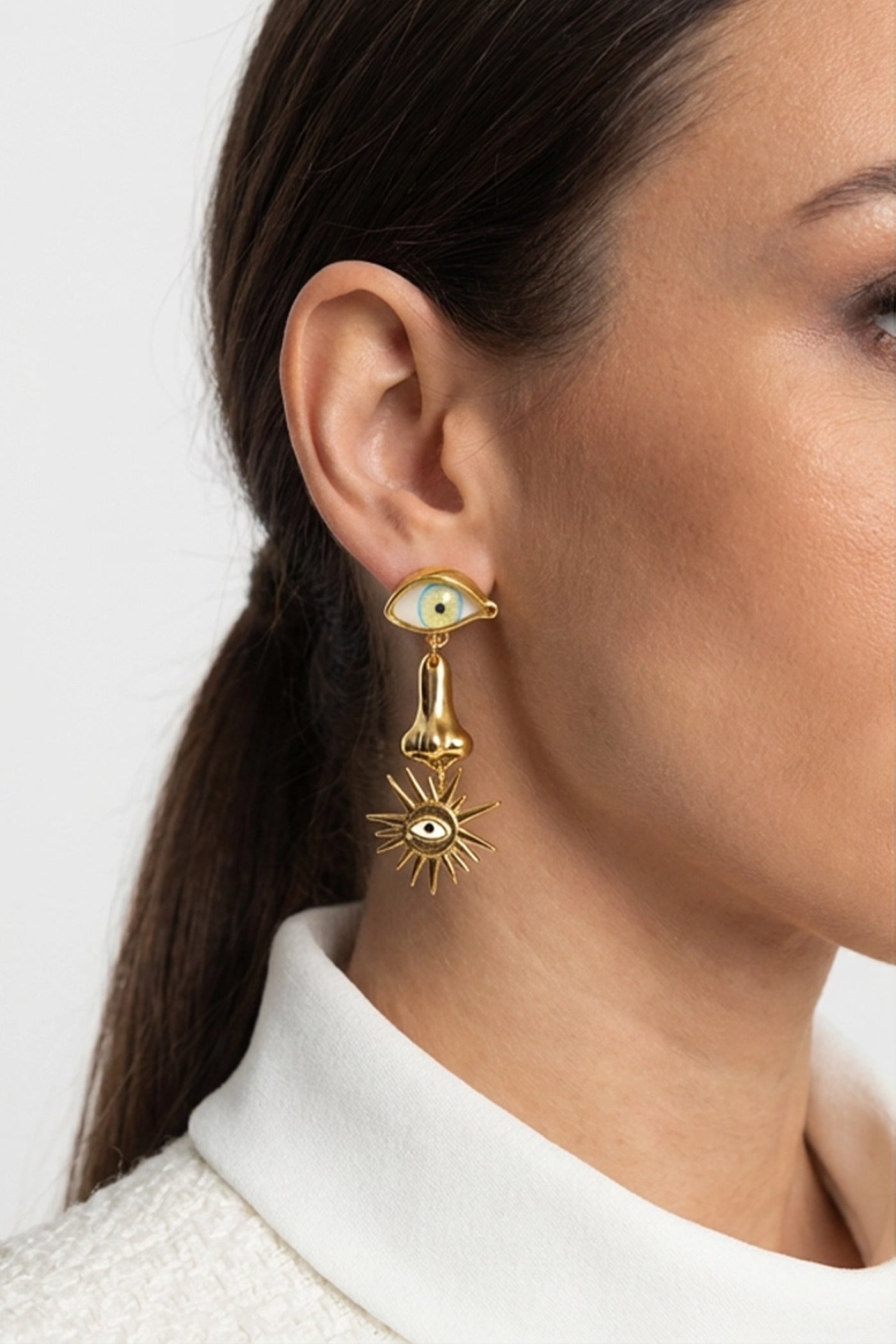 Statement Drop Earrings with Eye Motif and Symbol Charms – Gold