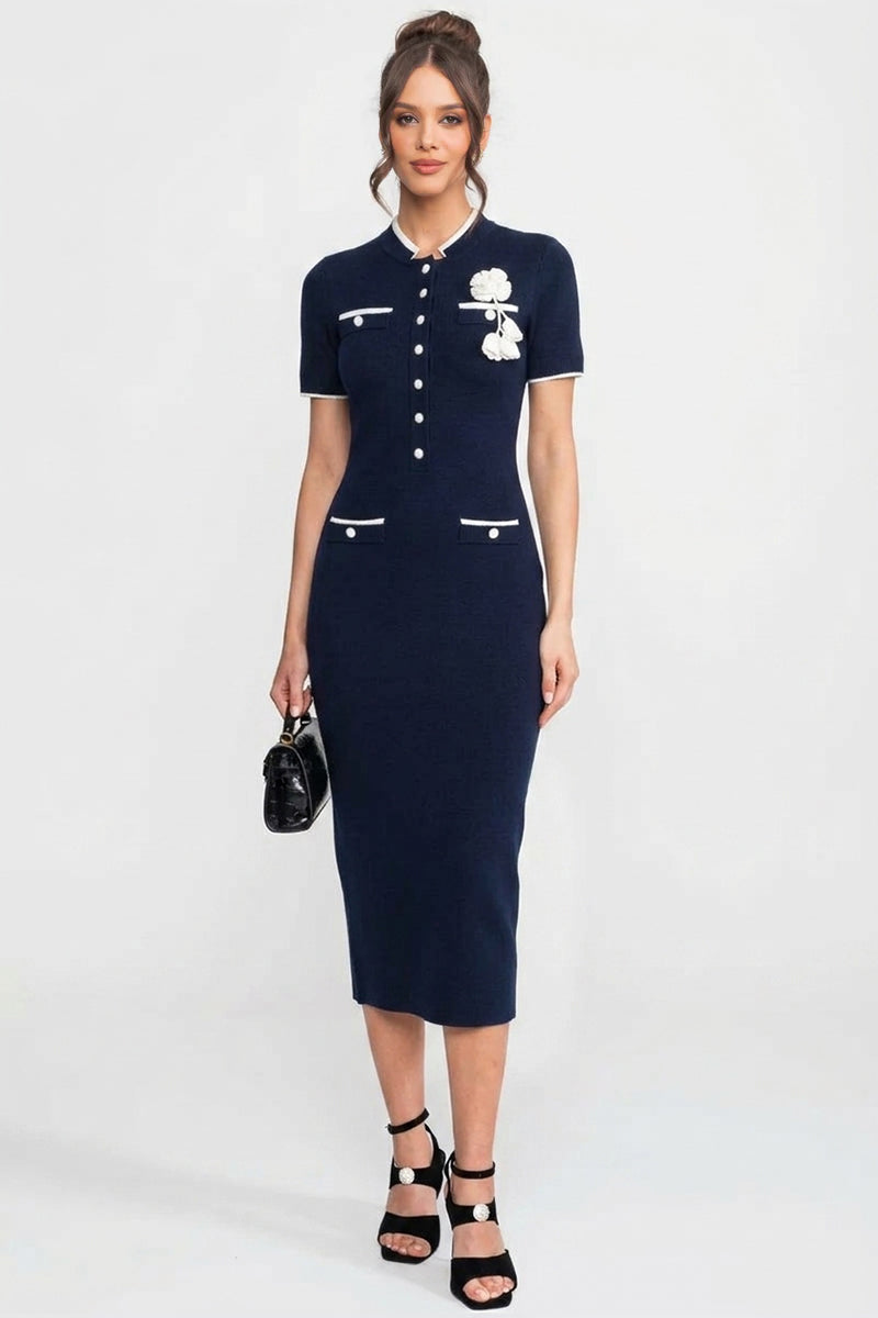 Ribbed Knit Midi Dress With Contrast Trim And Decorative Pockets - Navy