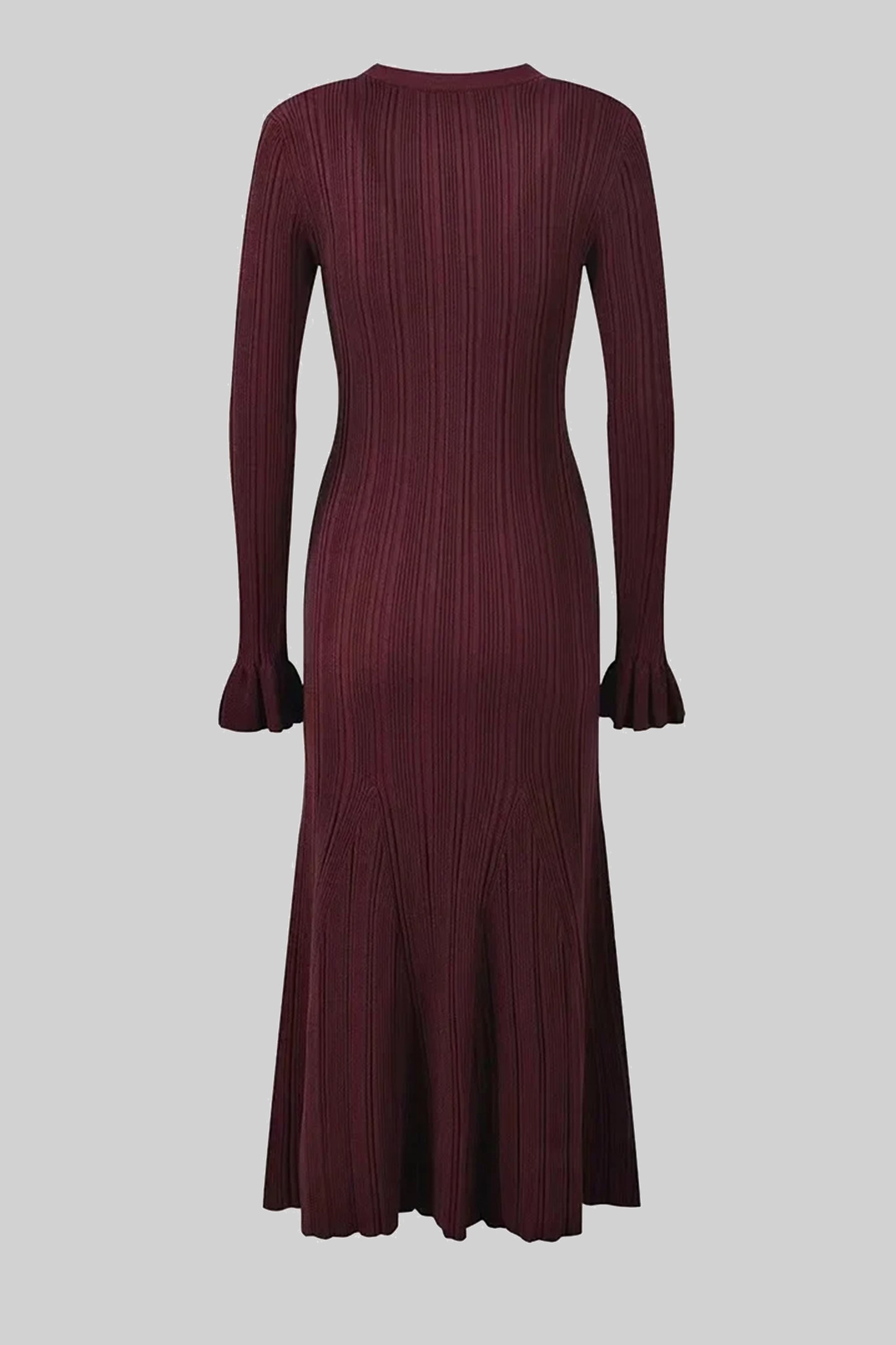 V-Neck Button-Front Ribbed Knit Maxi Dress With Ruffle Cuffs - Burgundy