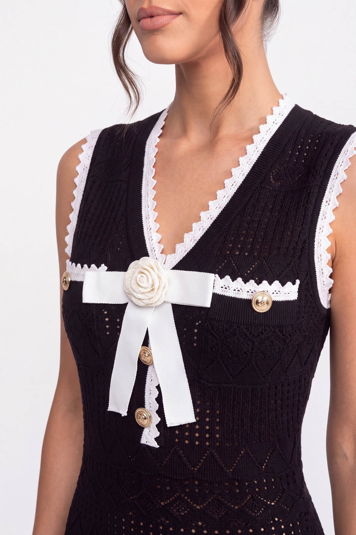 Crochet Knit Midi Dress With Black Trim And Bow - Black
