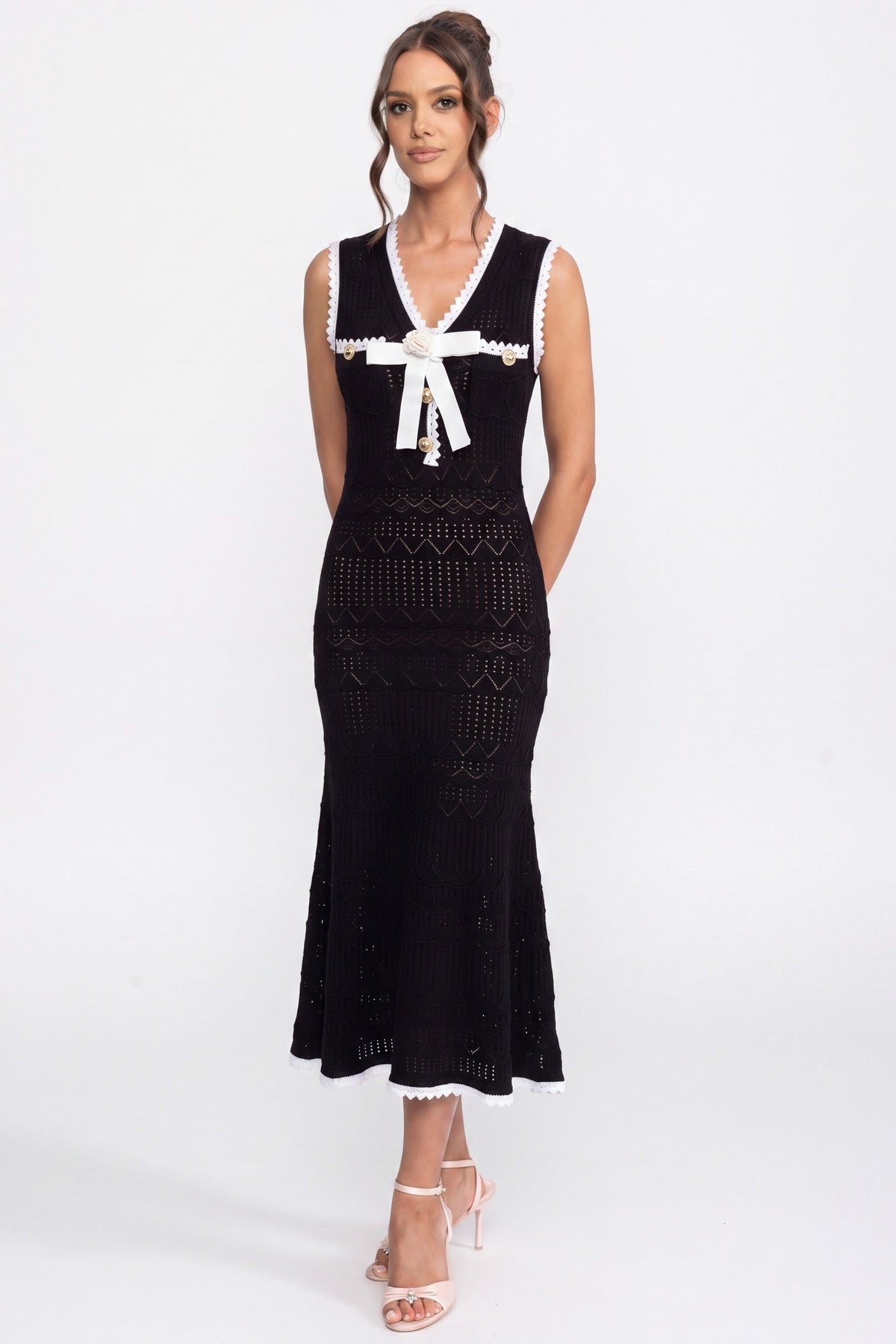 Crochet Knit Midi Dress With Black Trim And Bow - Black