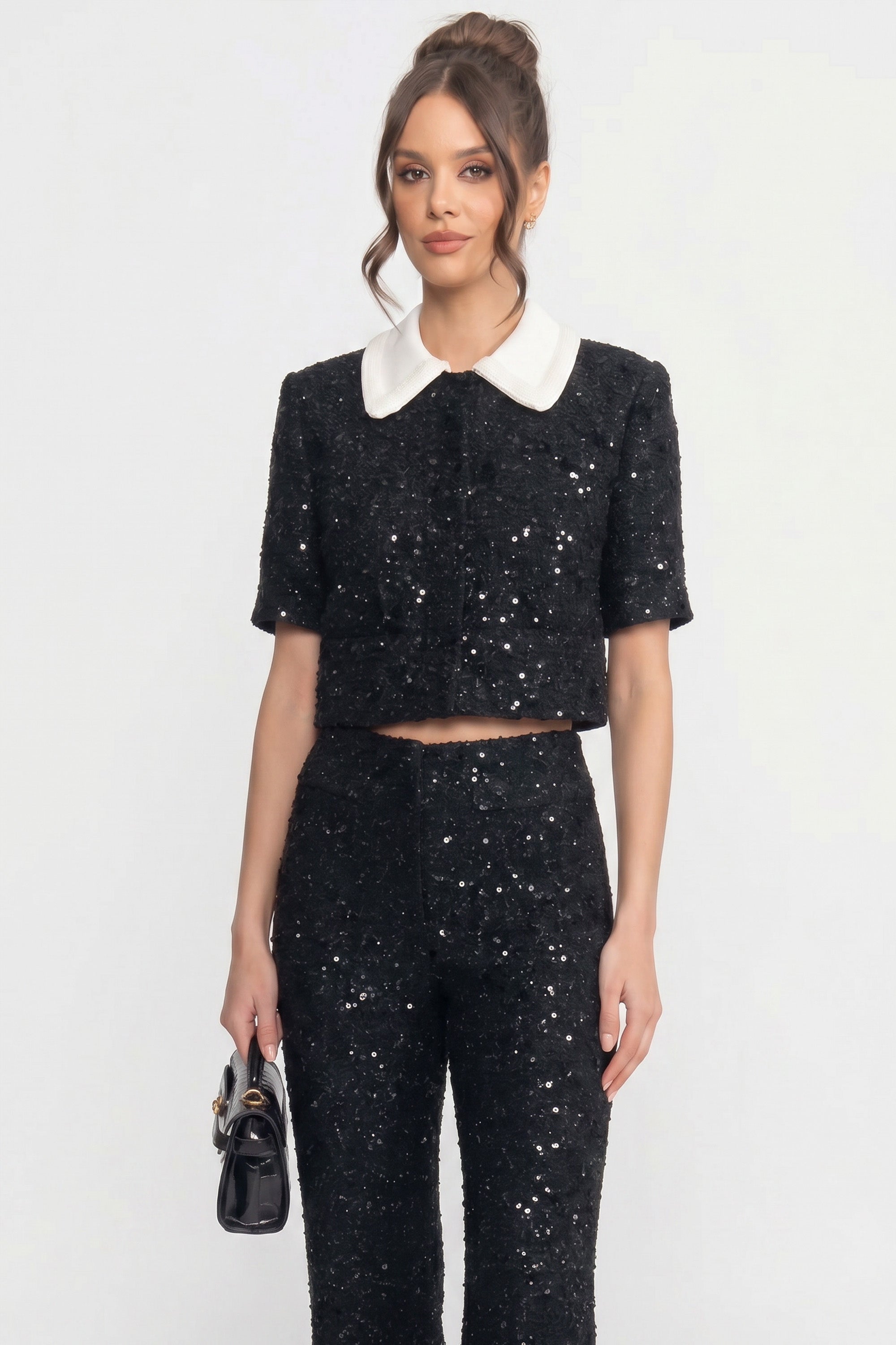 Short-Sleeve Tweed Cropped Jacket With Contrast Collar And Sequin Detail - Black