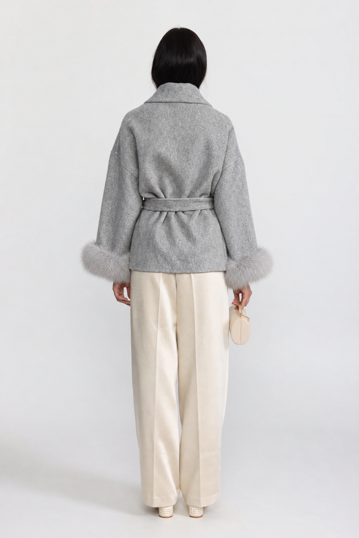 Wool Blend Wrap Jacket with Fox Fur Cuffs - Grey