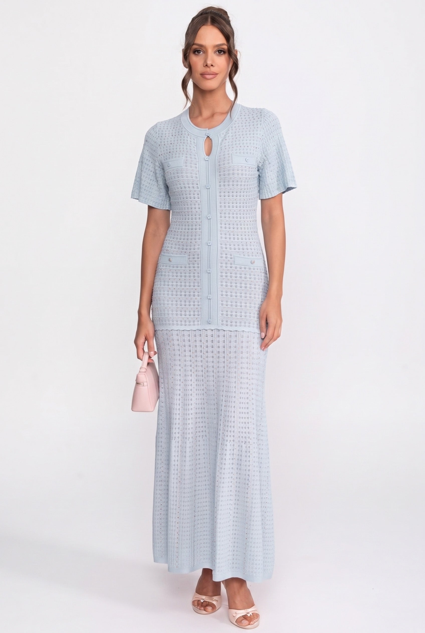 Short Sleeve Midi Dress With Shimmer Knit Texture - Light Blue