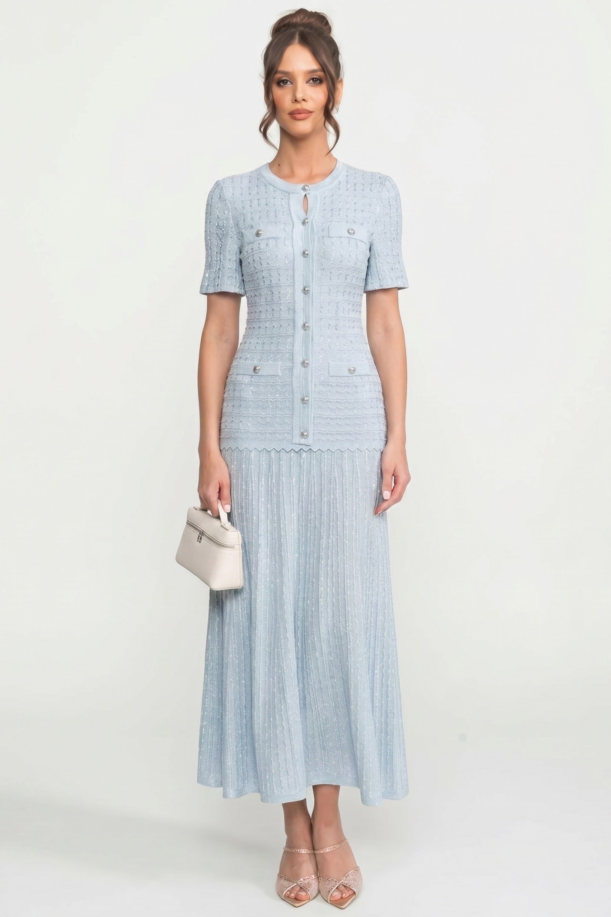 Short Sleeve Midi Dress With Shimmer Knit Texture - Light Blue