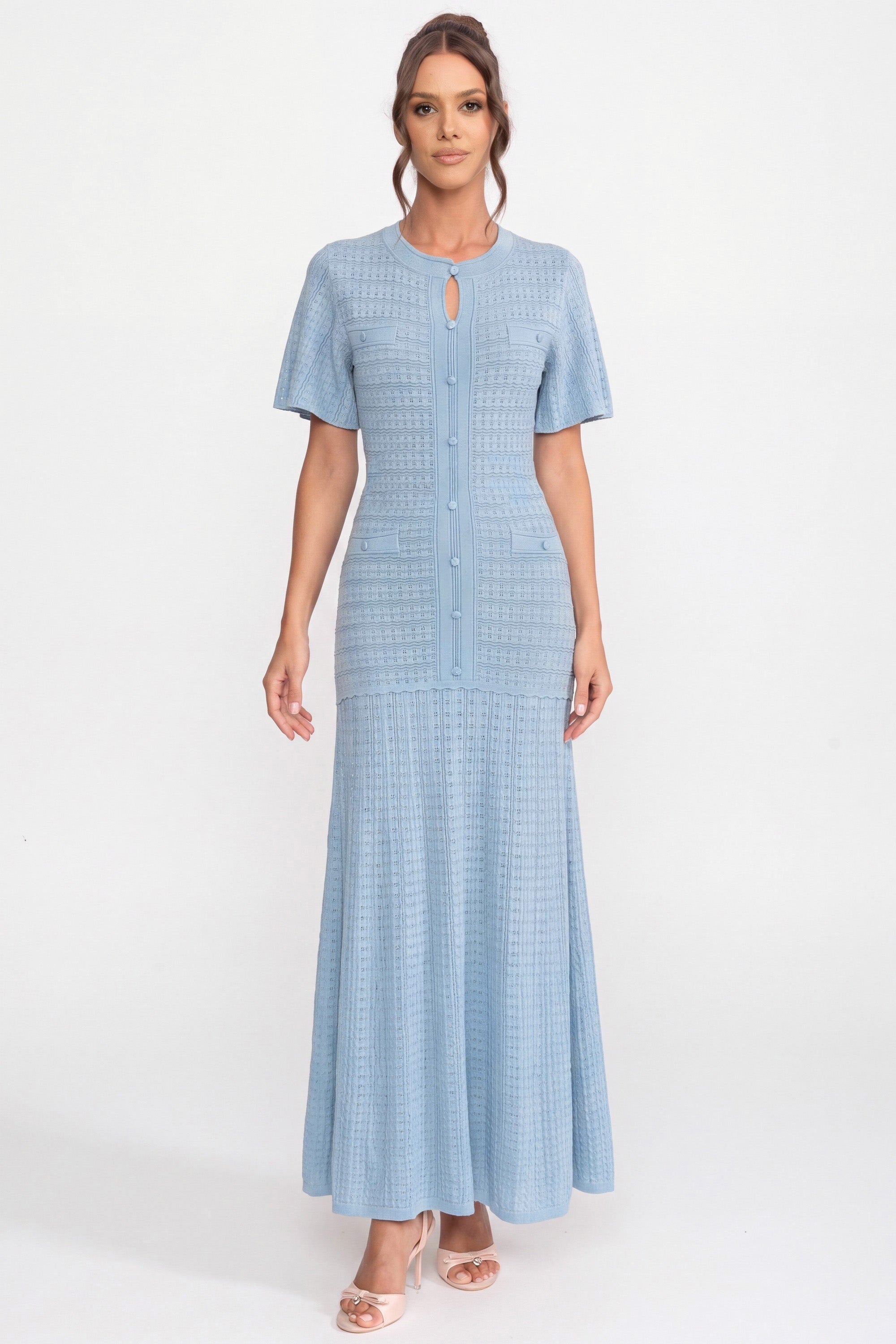 Short Sleeve Midi Dress With Shimmer Knit Texture - Light Blue