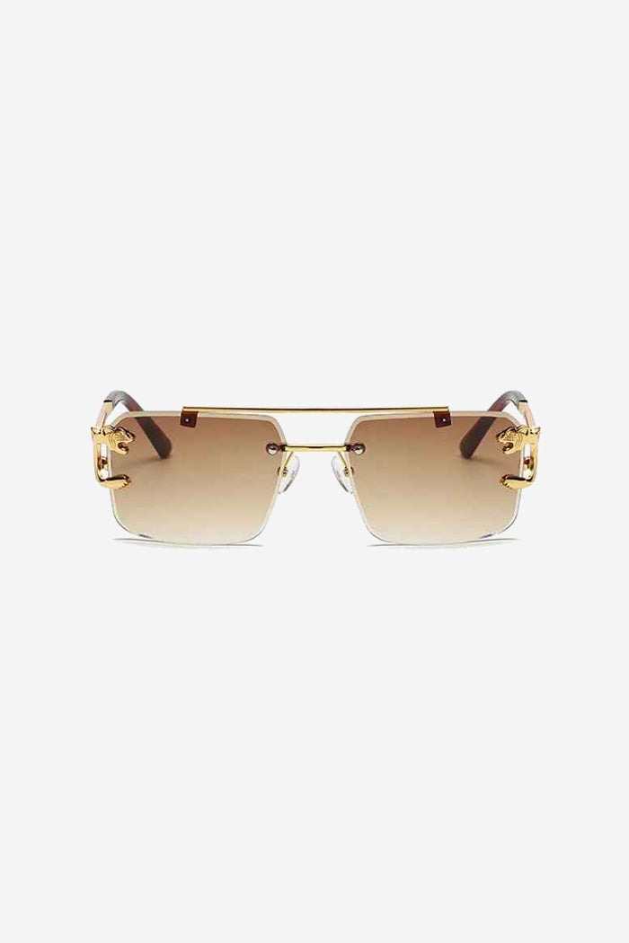 Rimless Square Sunglasses with Gold Panther Detail and Double-Bar Temples – Brown