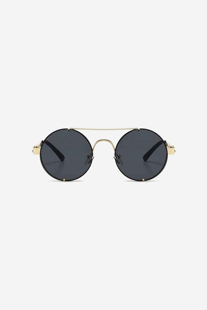 Rimless Round Sunglasses with Double Bridge and Temple Springs – Black/Gold