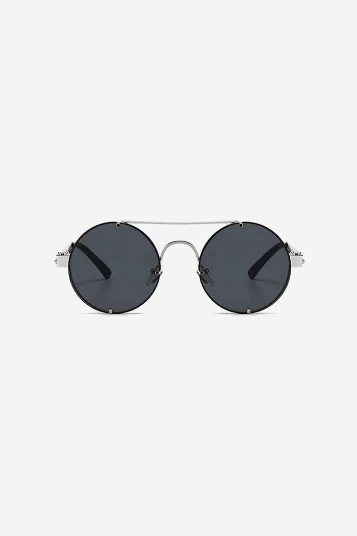 Rimless Round Sunglasses with Double Bridge and Temple Springs – Black/Silver