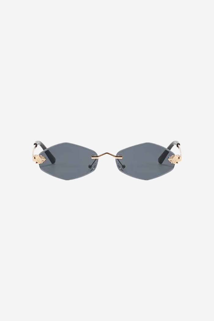 Rimless Hexagon Sunglasses with Gold Patterned Temples – Black