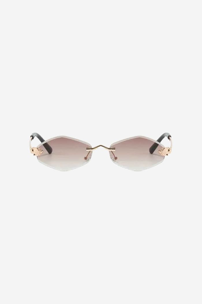 Rimless Hexagon Sunglasses with Gold Patterned Temples – Brown