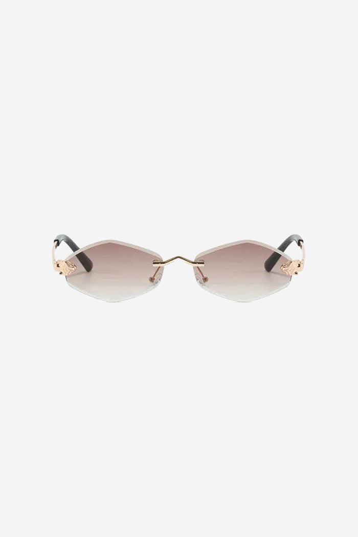 Rimless Hexagon Sunglasses with Gold Patterned Temples – Brown