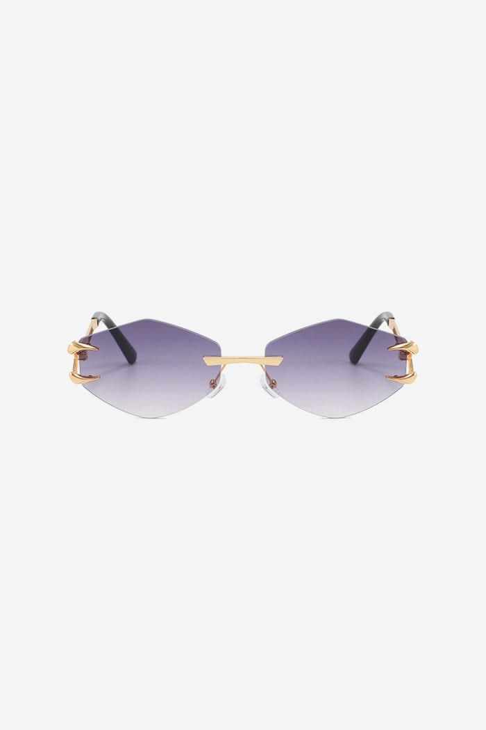 Rimless Geometric Sunglasses with Spiked Gold Temples – Purple