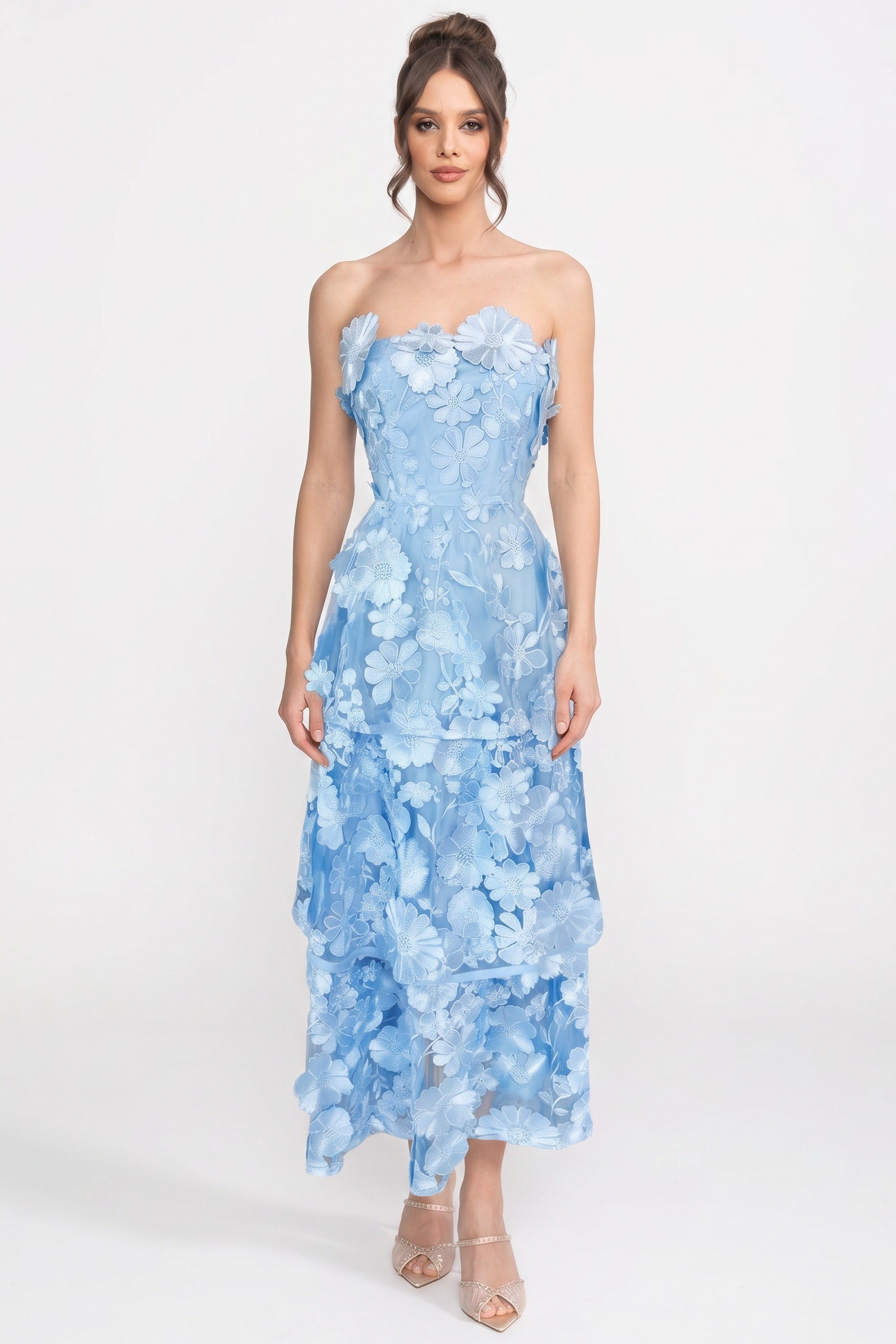 Layered Sheer Dress With Fitted Waist And Floral Appliques - Light Blue