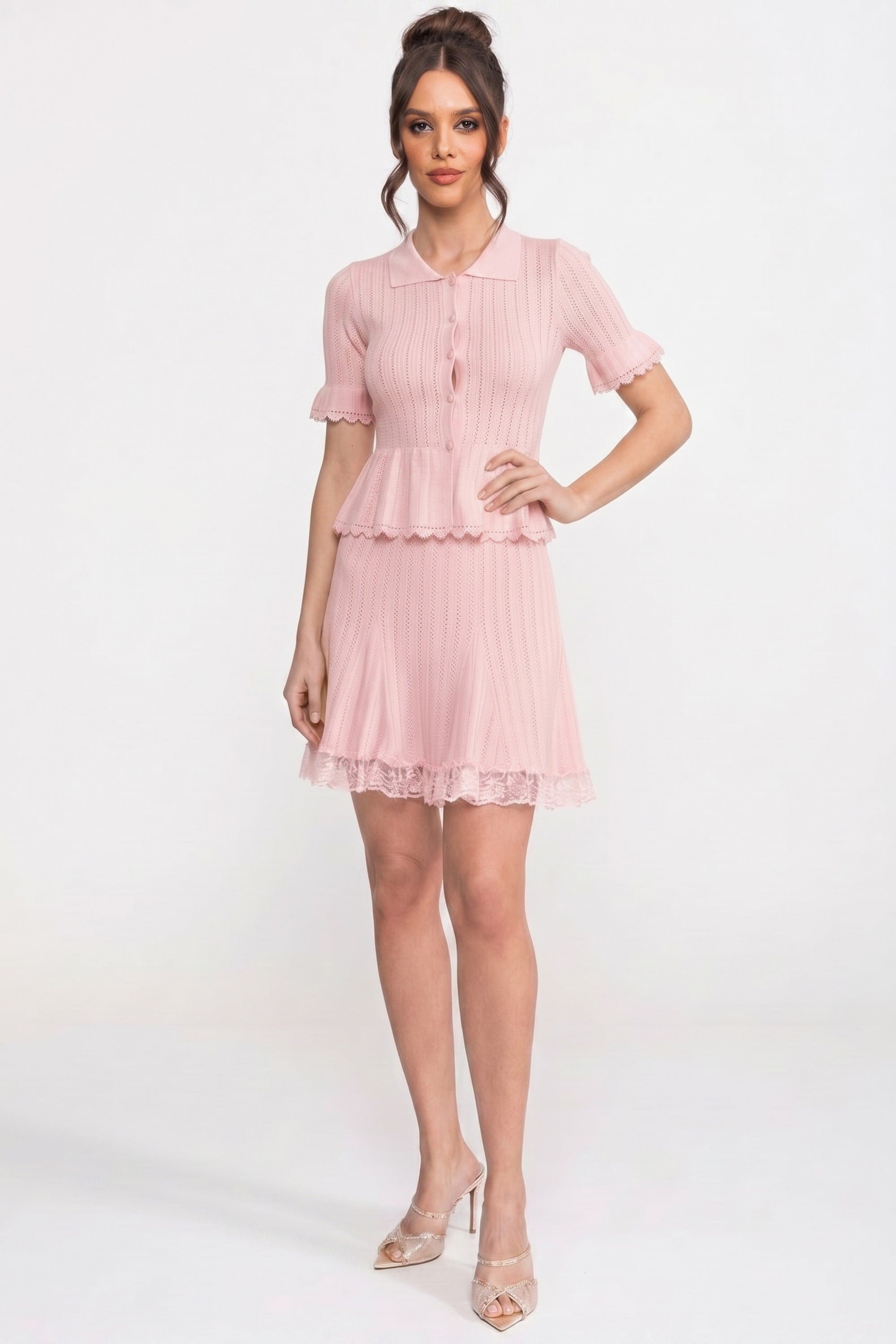 Peter-Pan Collar Knit Peplum Co-Ord set With Lace Hem - Pink