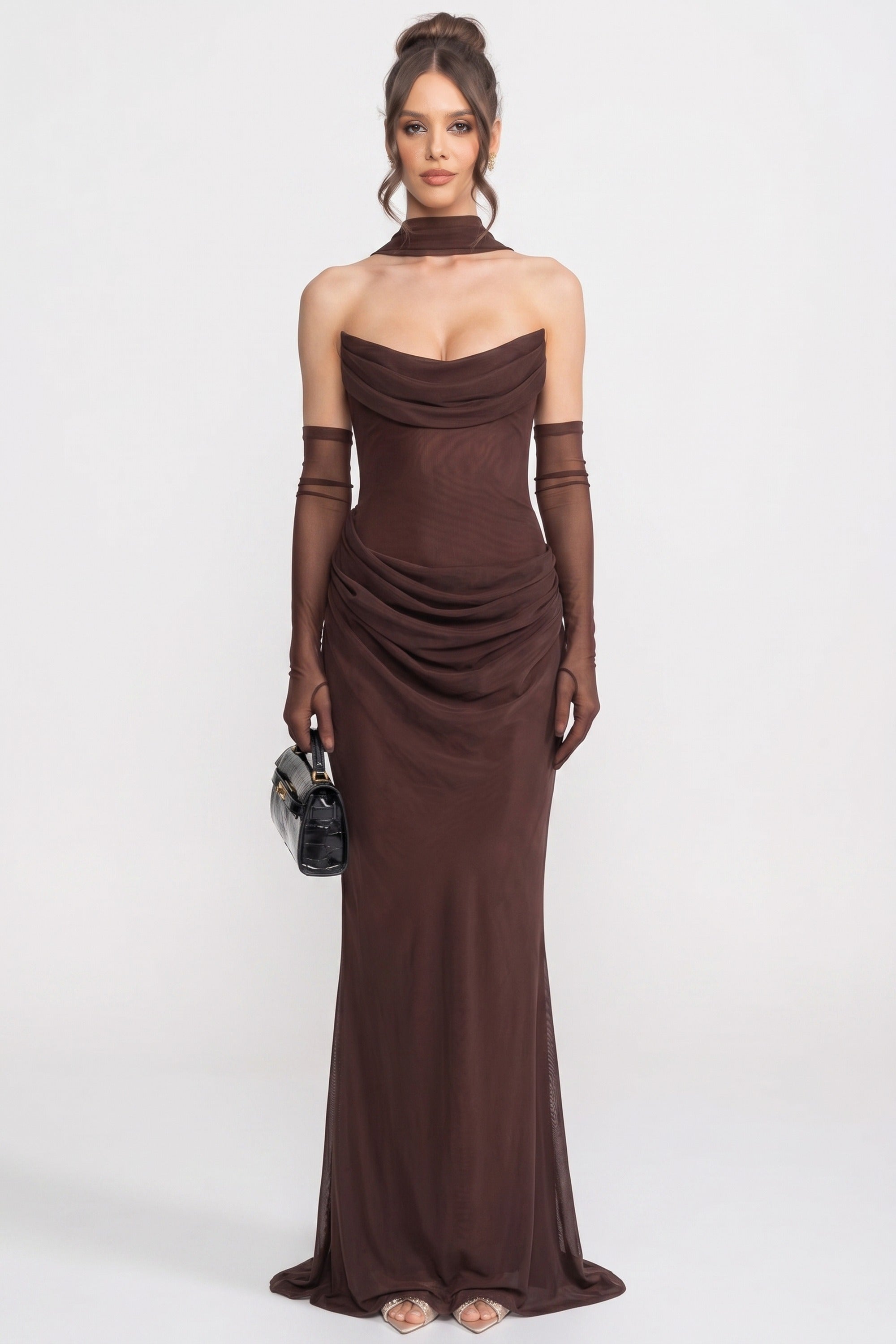 Strapless Draped Maxi Gown With Cowl Neckline And Sheer Scarf - Brown