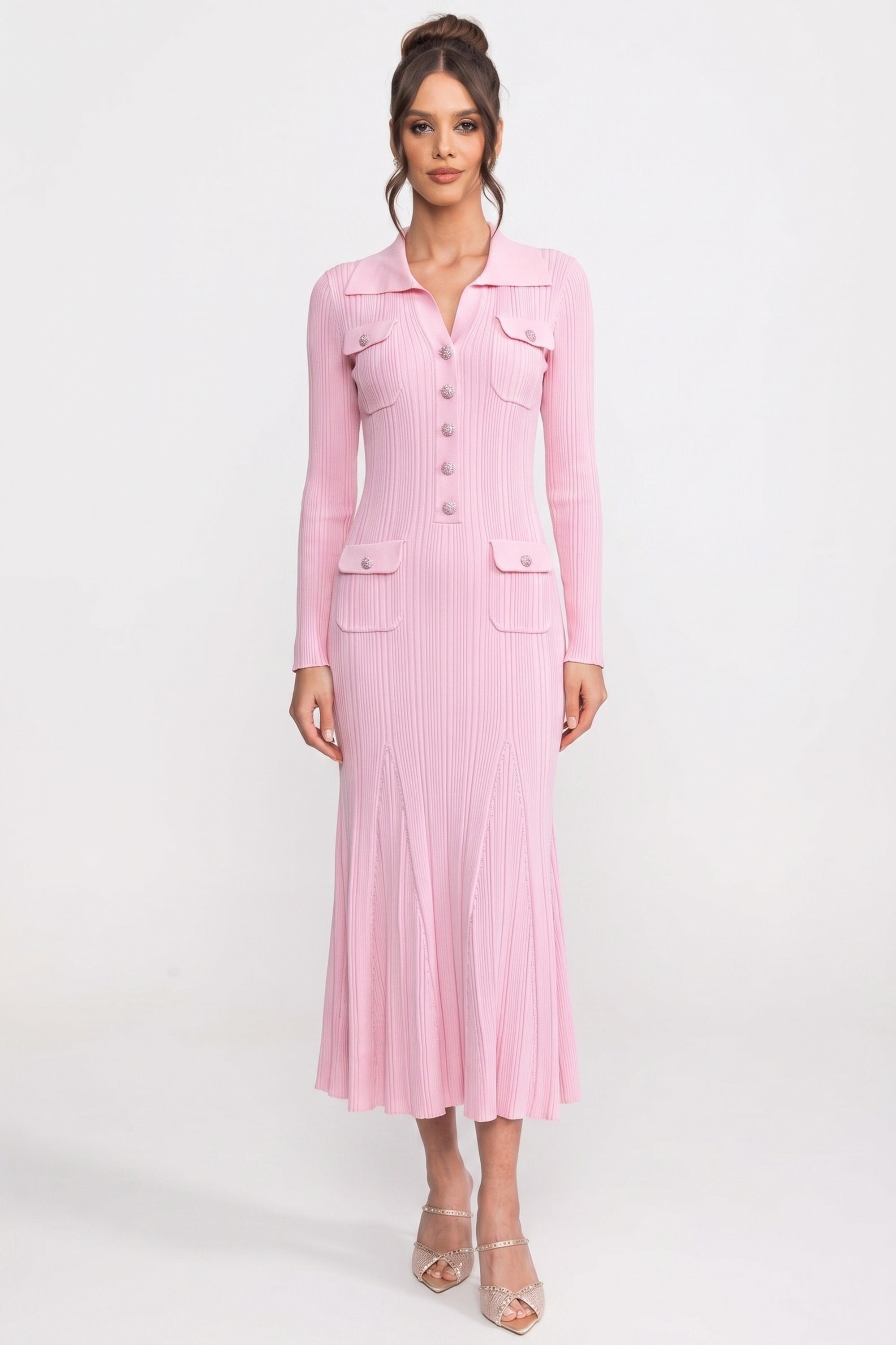 Long-Sleeve Button-Front Knit Maxi Dress With Patch Pockets - Pink