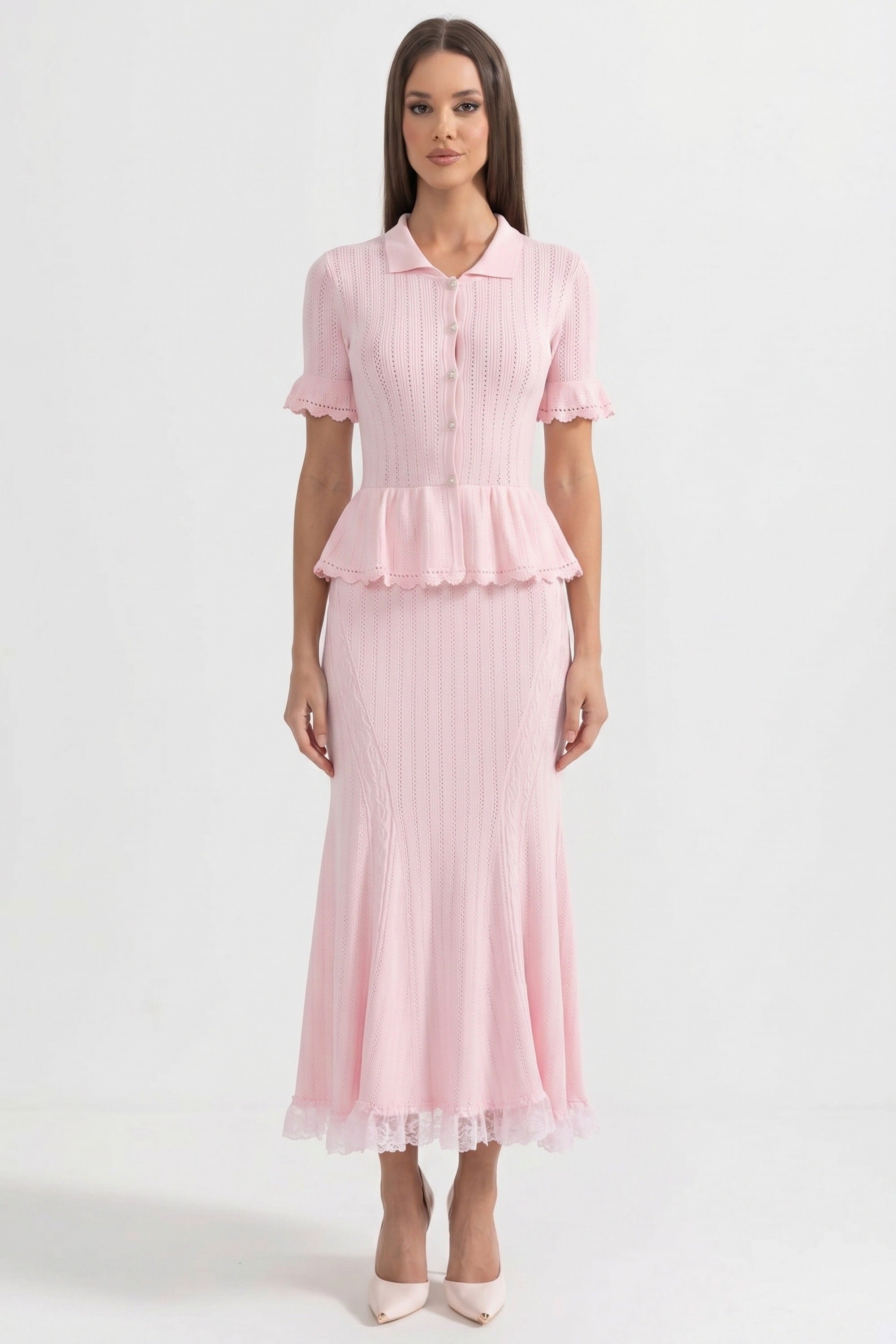 Peter-Pan Collar Knit Peplum Maxi Dress With Lace Hem - Pink