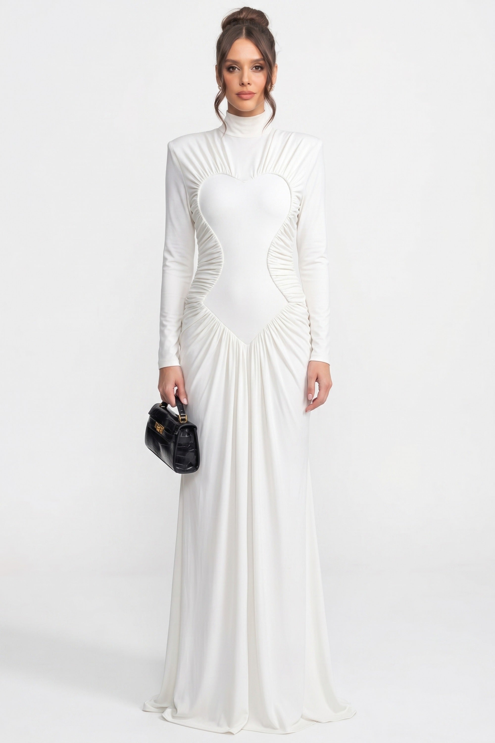 High-Neck Long-Sleeve Ruched Mermaid Gown With Diagonal Drape - White