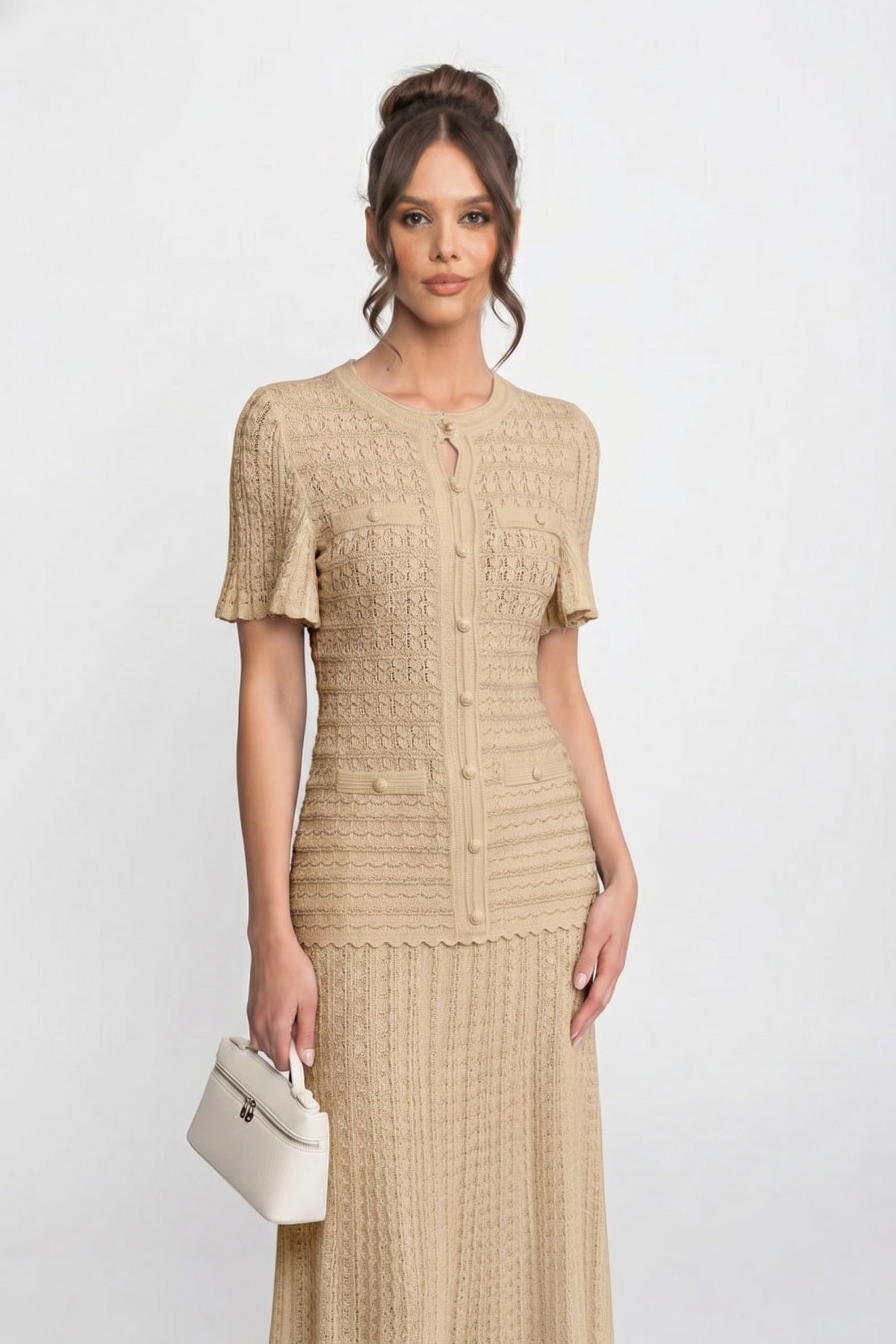 Short Sleeve Midi Dress With Shimmer Knit Texture - Beige