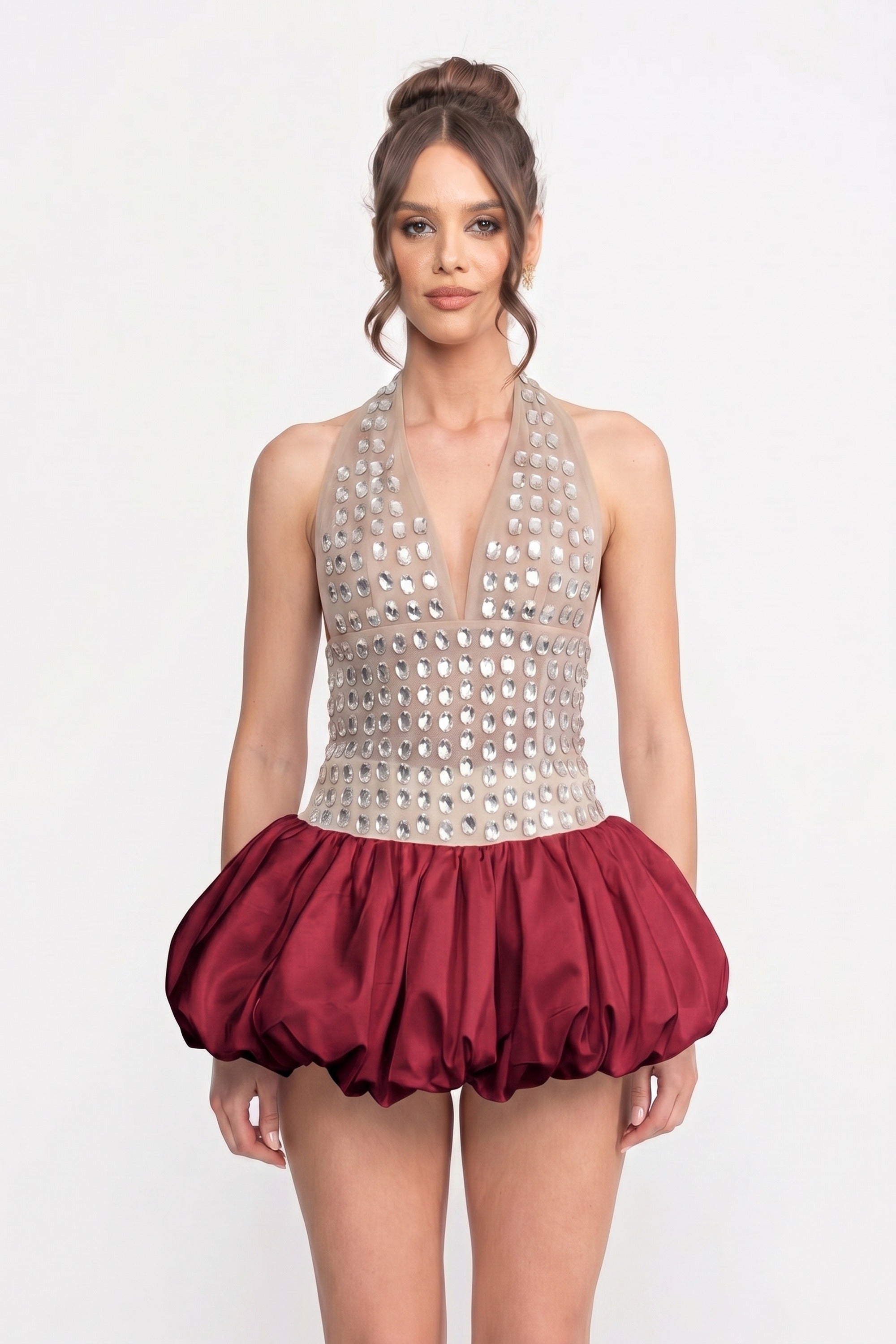 Crystal-Embellished Halter Mini Dress With Bubble Skirt - Red
