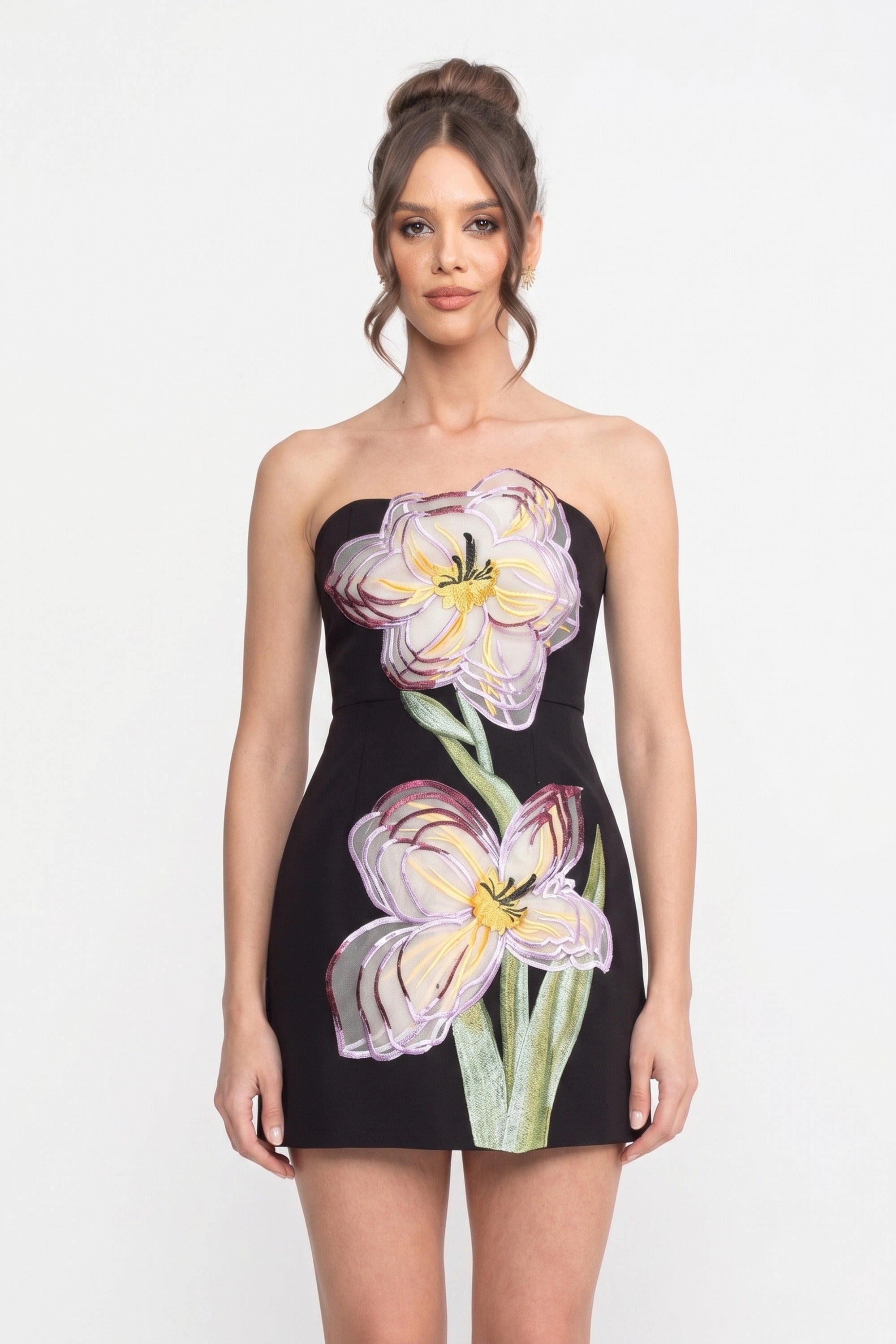 Strapless Mini Dress With 3D Iris Floral Appliqué - Black