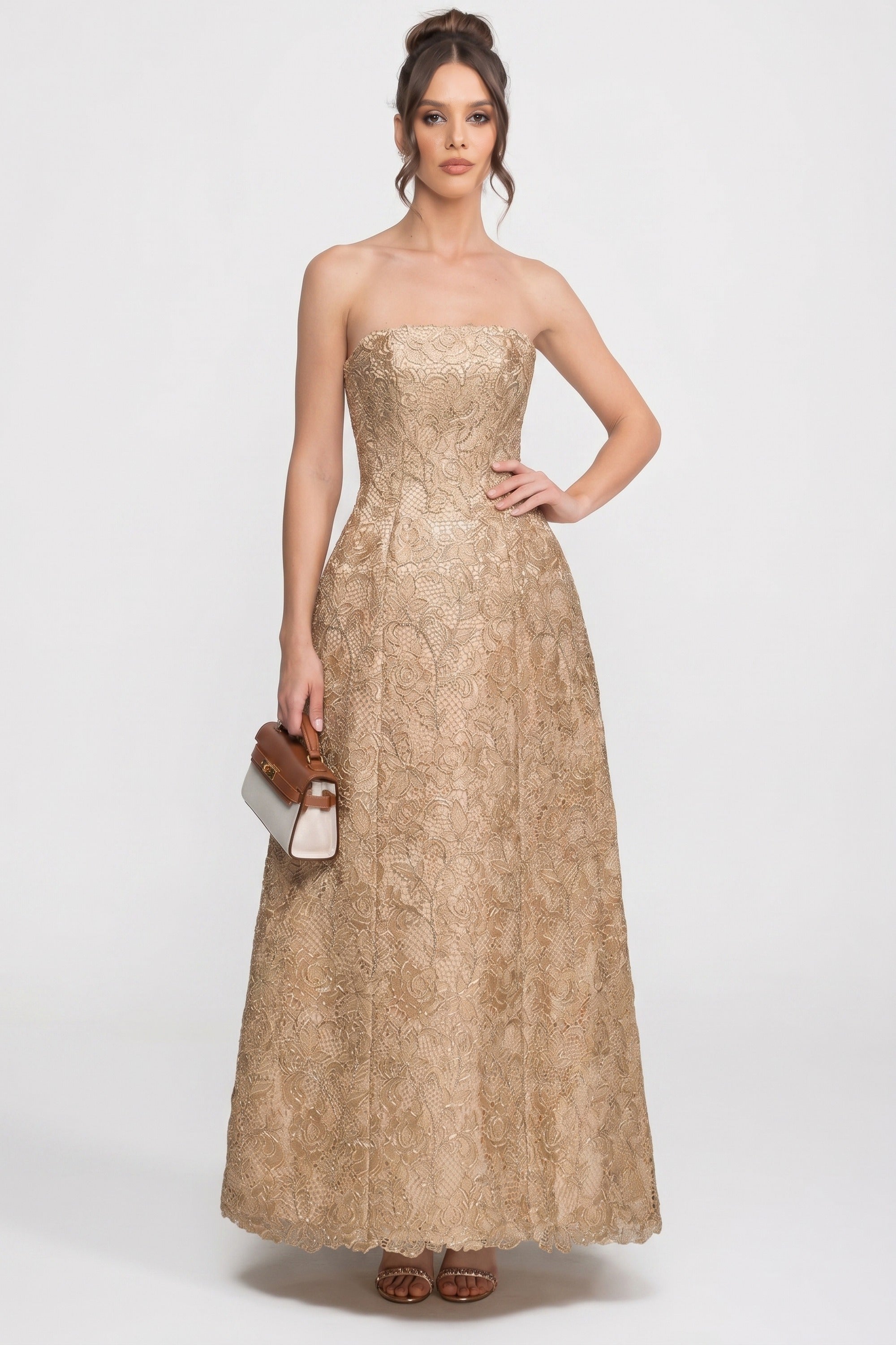 Strapless Floral Lace Ballgown With Full A-Line Skirt - Gold