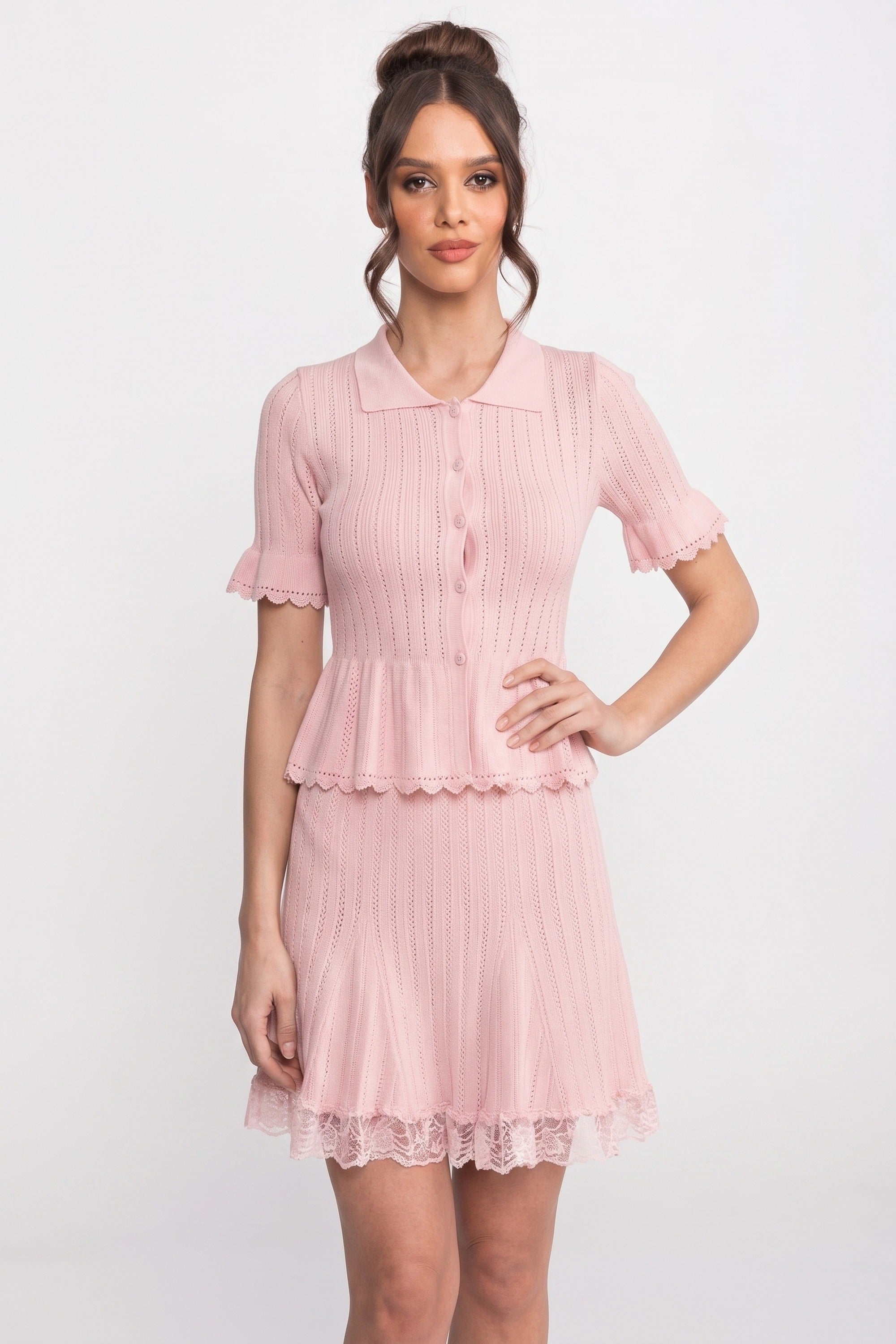 Peter-Pan Collar Knit Peplum Co-Ord set With Lace Hem - Pink