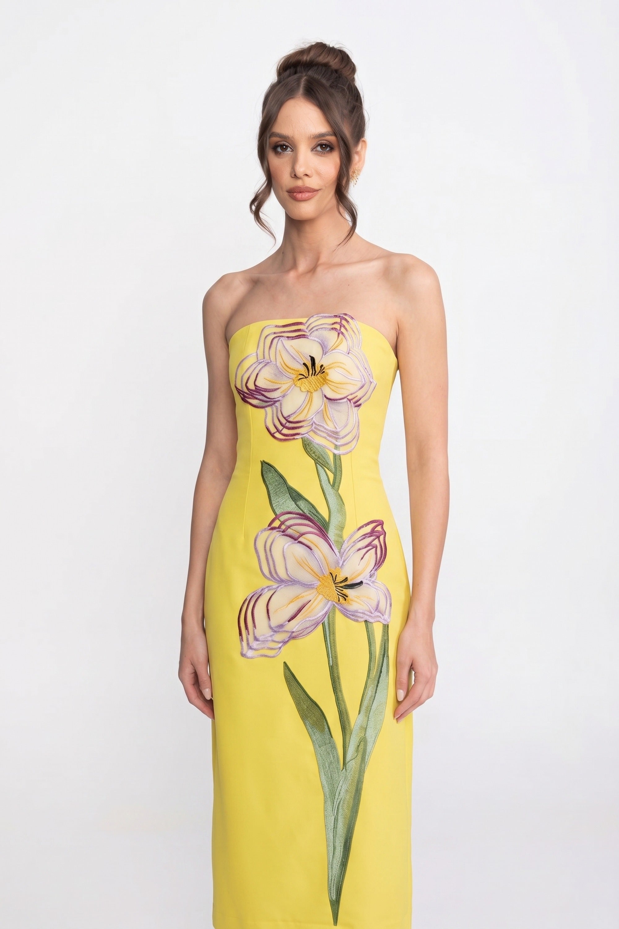 Strapless Floral-Print Maxi Dress With Column Silhouette - Yellow