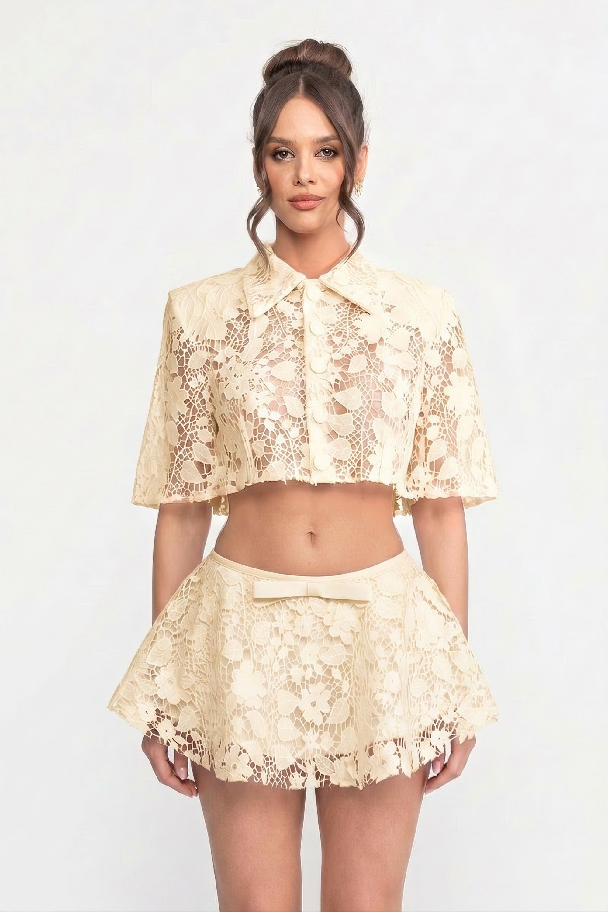 Lace Co-Ord Set With Button Cape And Bow Mini Skirt - Ivoire