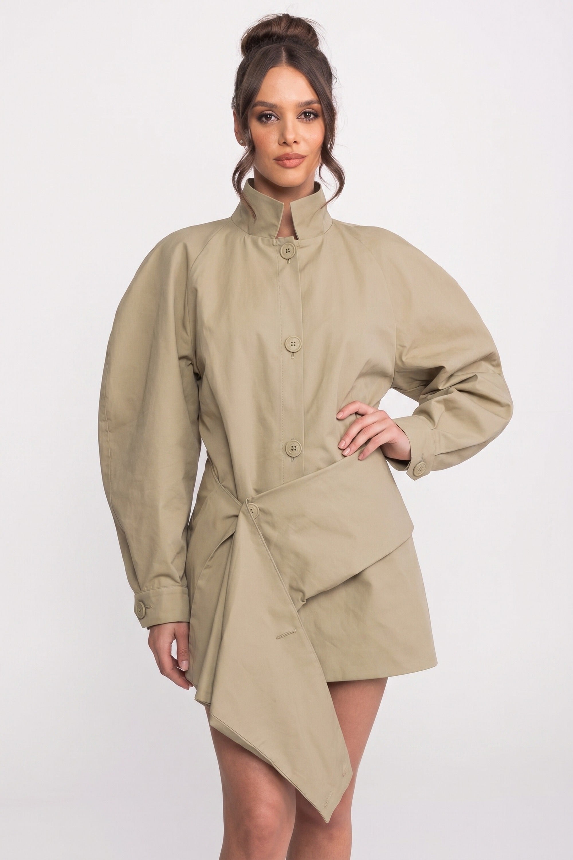 Oversized Balloon-Sleeve Belted Jacket With Asymmetric Hem - Khaki