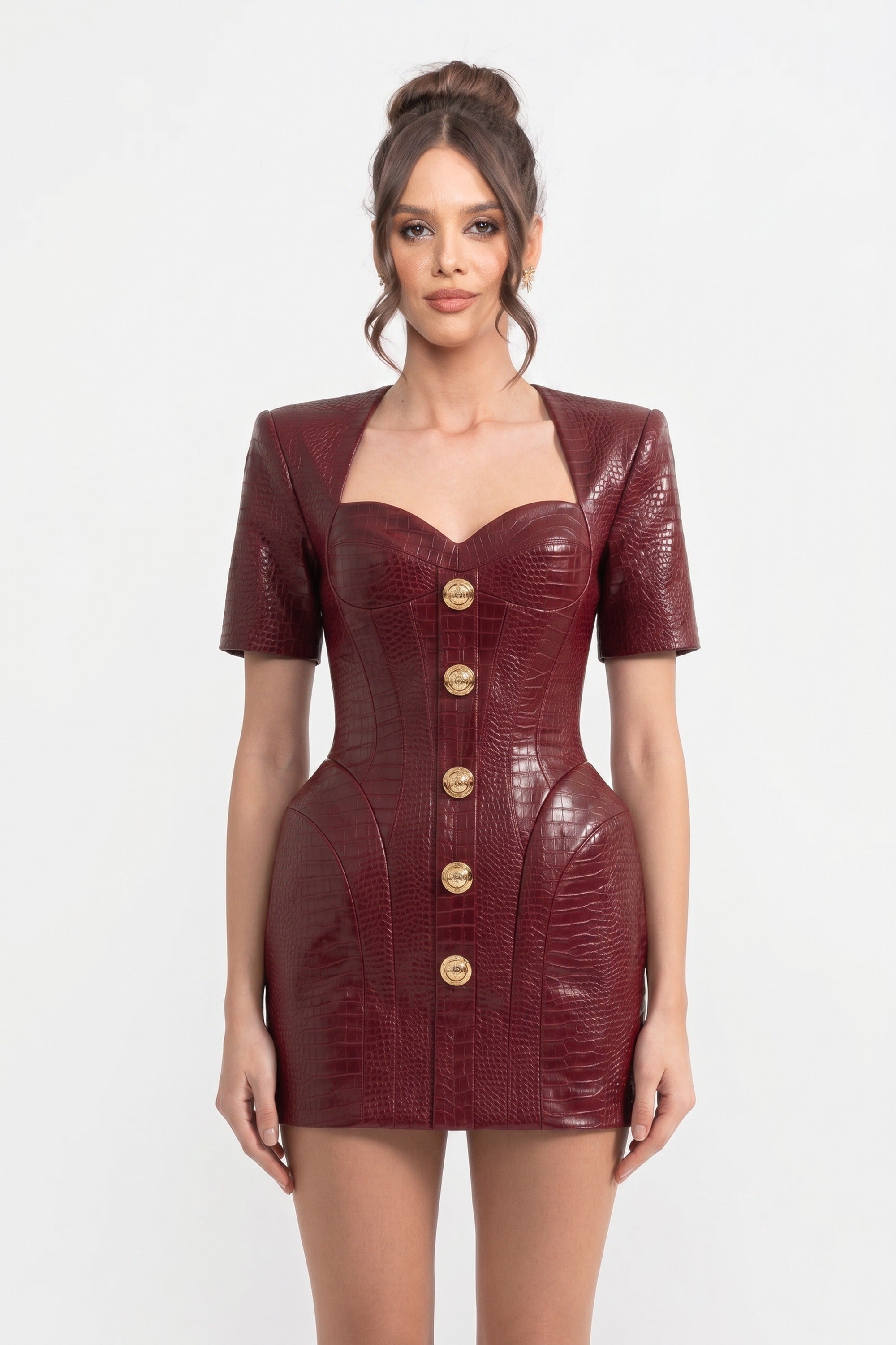 Croc-Effect Mini Dress With Gold Button Front - Red