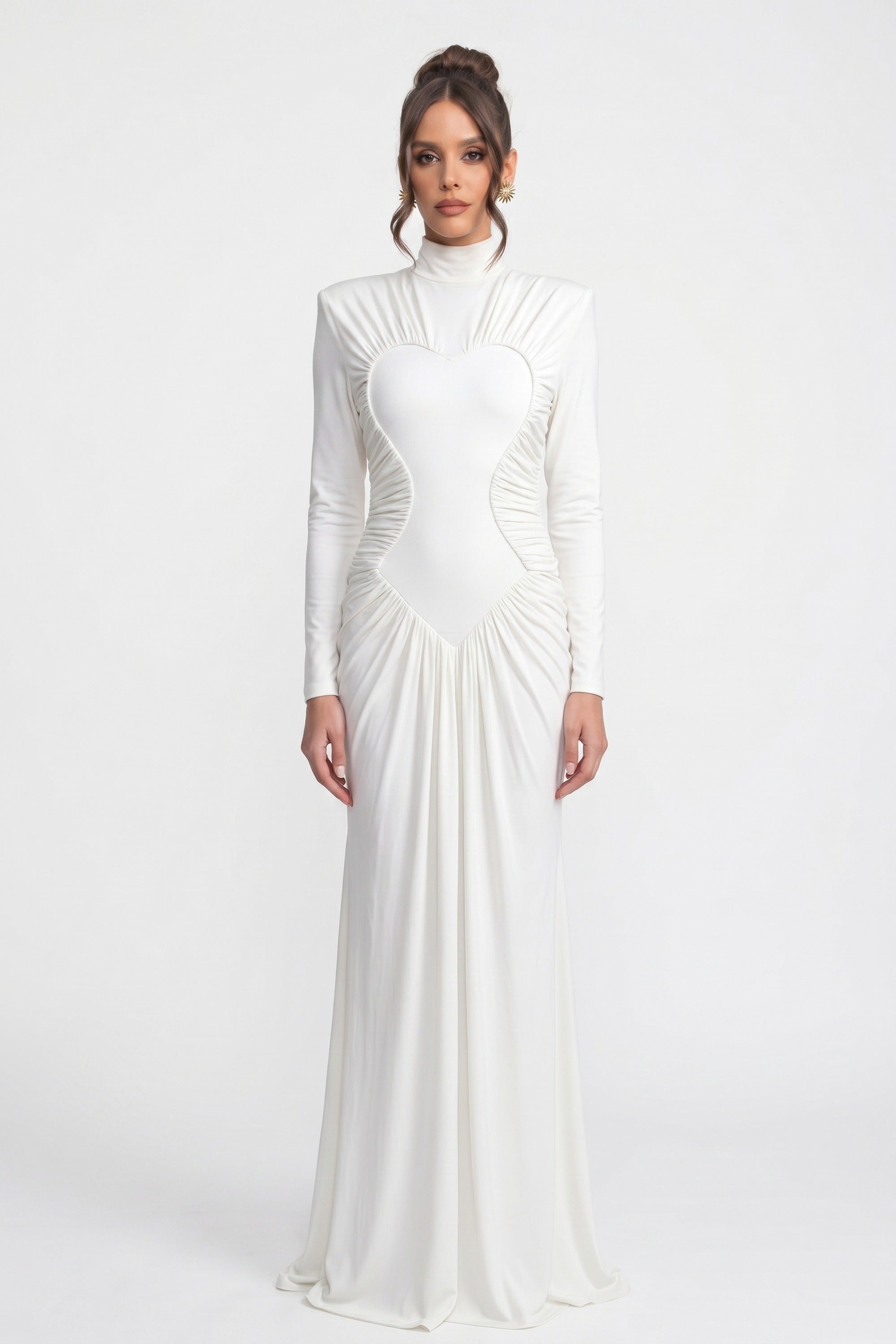 High-Neck Long-Sleeve Ruched Mermaid Gown With Diagonal Drape - White