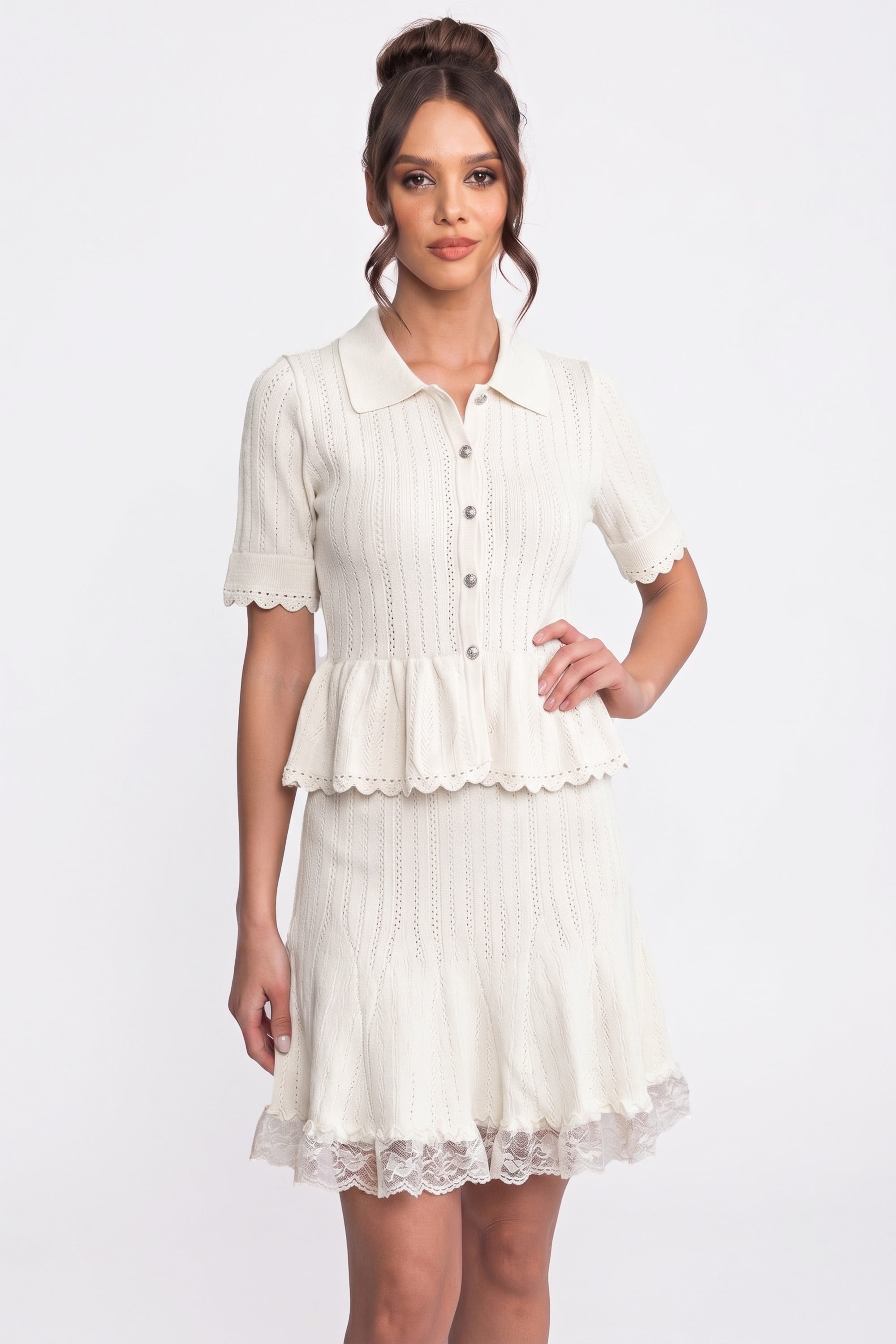 Polo-Collar Mini Dress With Button Top, Peplum Waist And Lace Hem - White