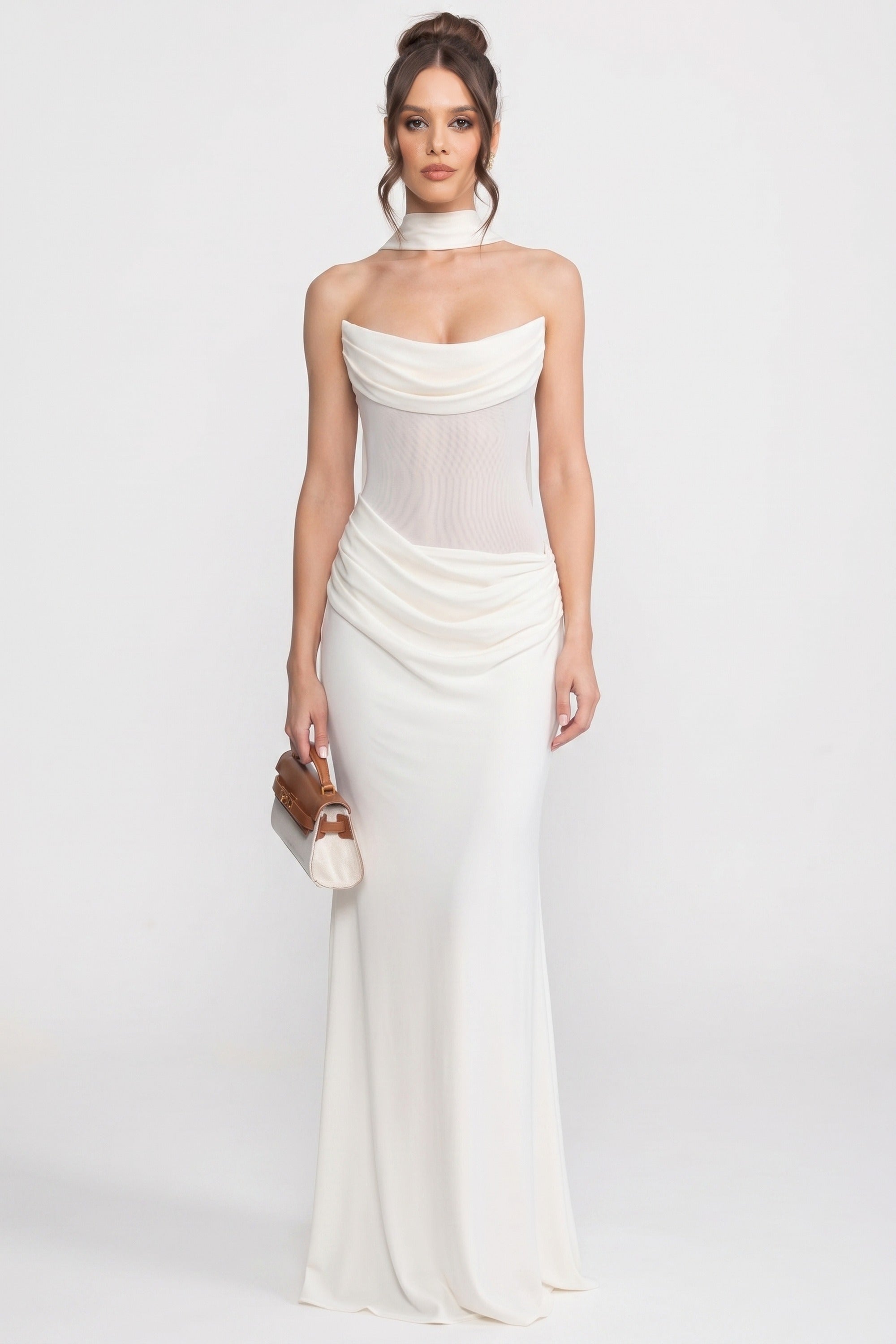 Strapless Draped Maxi Gown With Cowl Neckline And Sheer Scarf - White