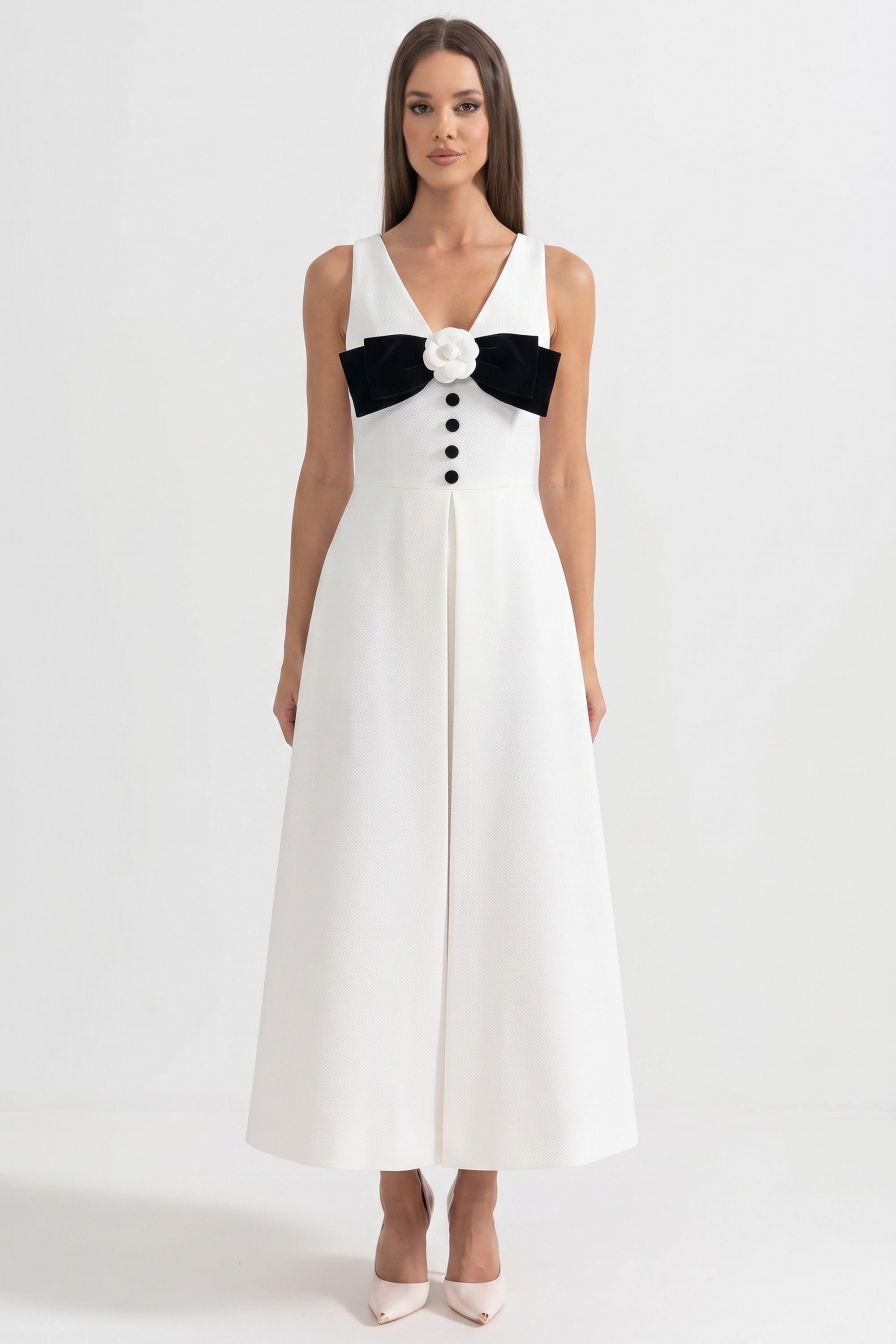 Halter Neck Maxi Dress With Black Bow Bustline And Button Front - White
