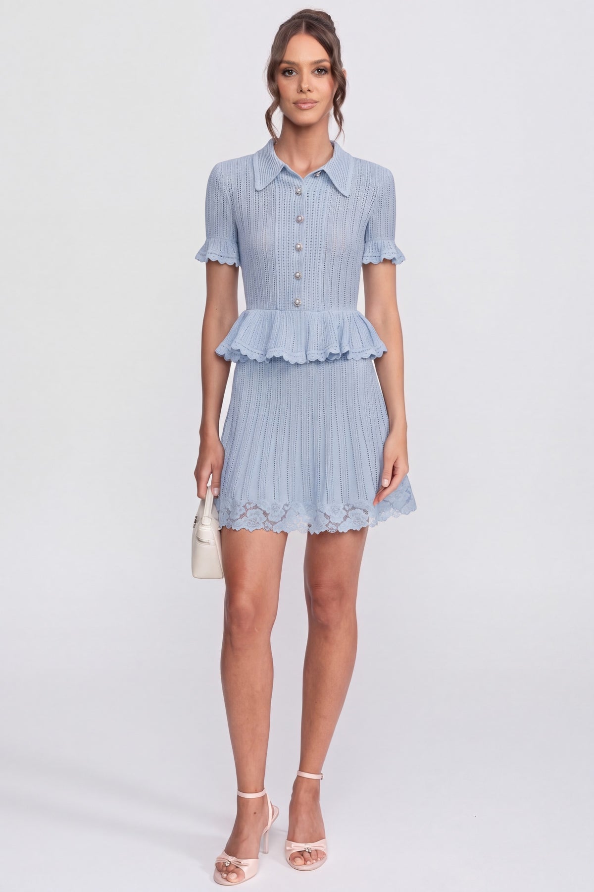 Polo-Collar with Button Top and Mini Skirt Set - Blue