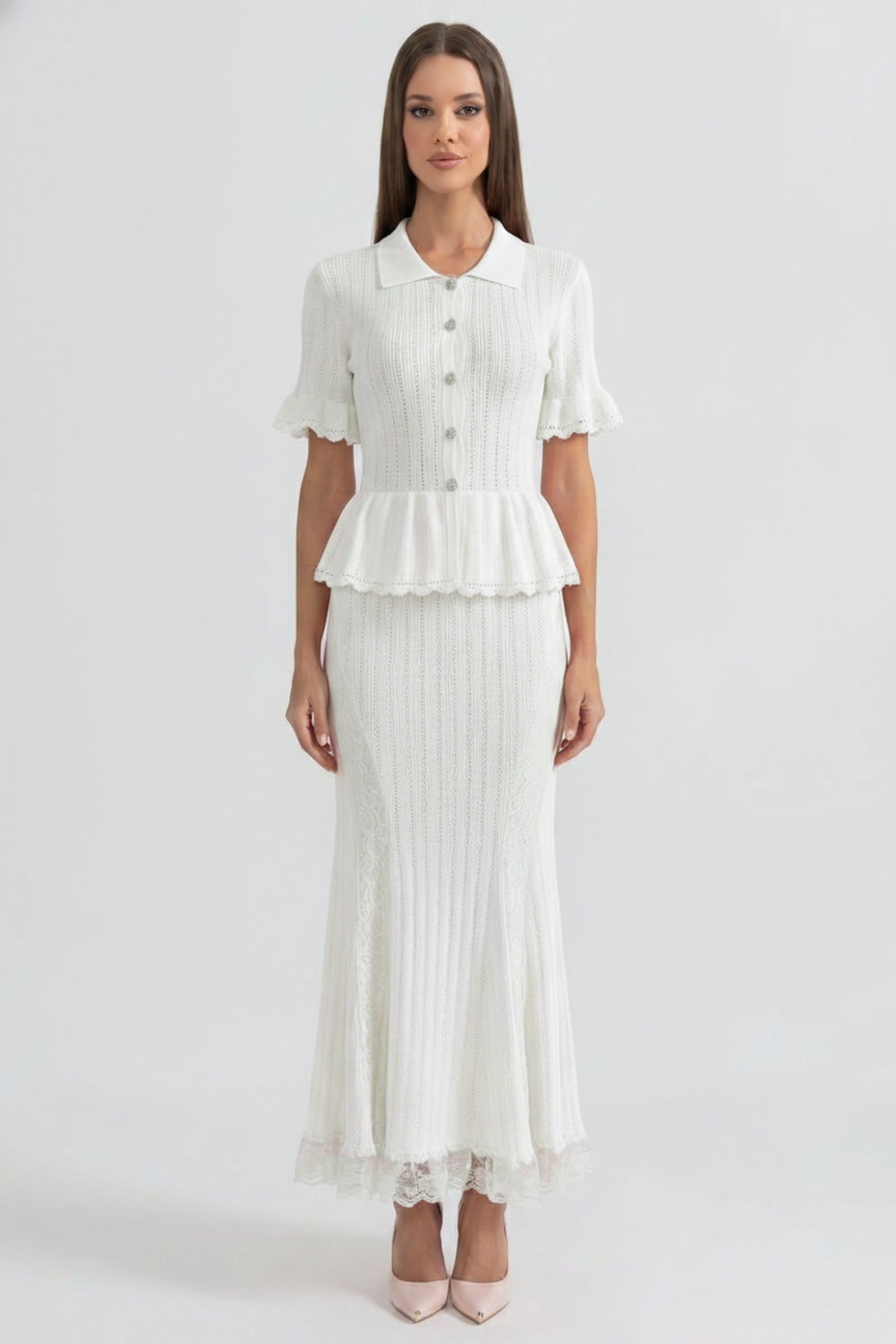 Peter-Pan Collar Knit Peplum Maxi Dress With Lace Hem - White