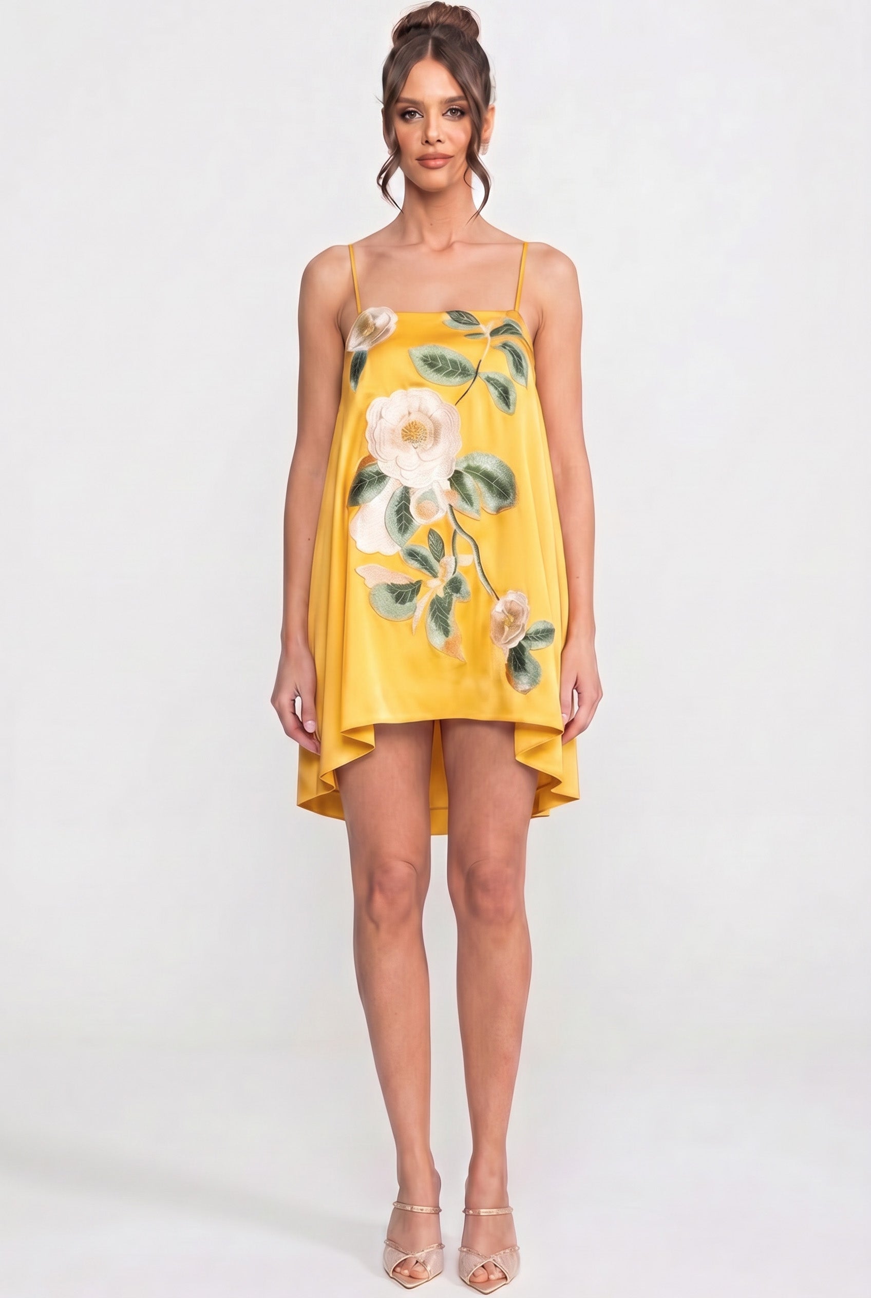 Spaghetti-Strap Mini Dress With 3D Floral Appliqué And A-Line Skirt - Yellow
