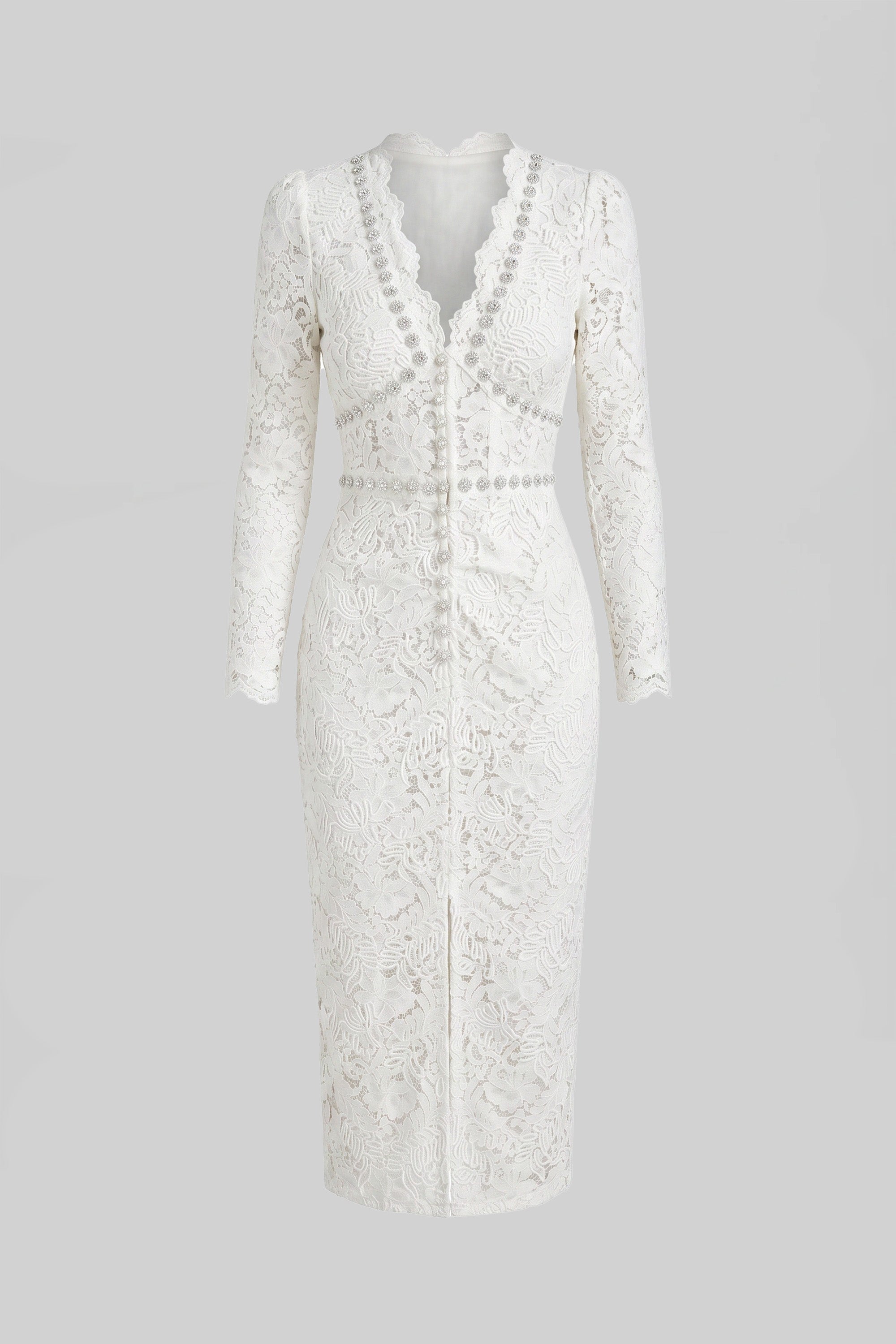Lace Midi Dress With Crystal V-Neckline And Ruched Front Detail - Ivoire