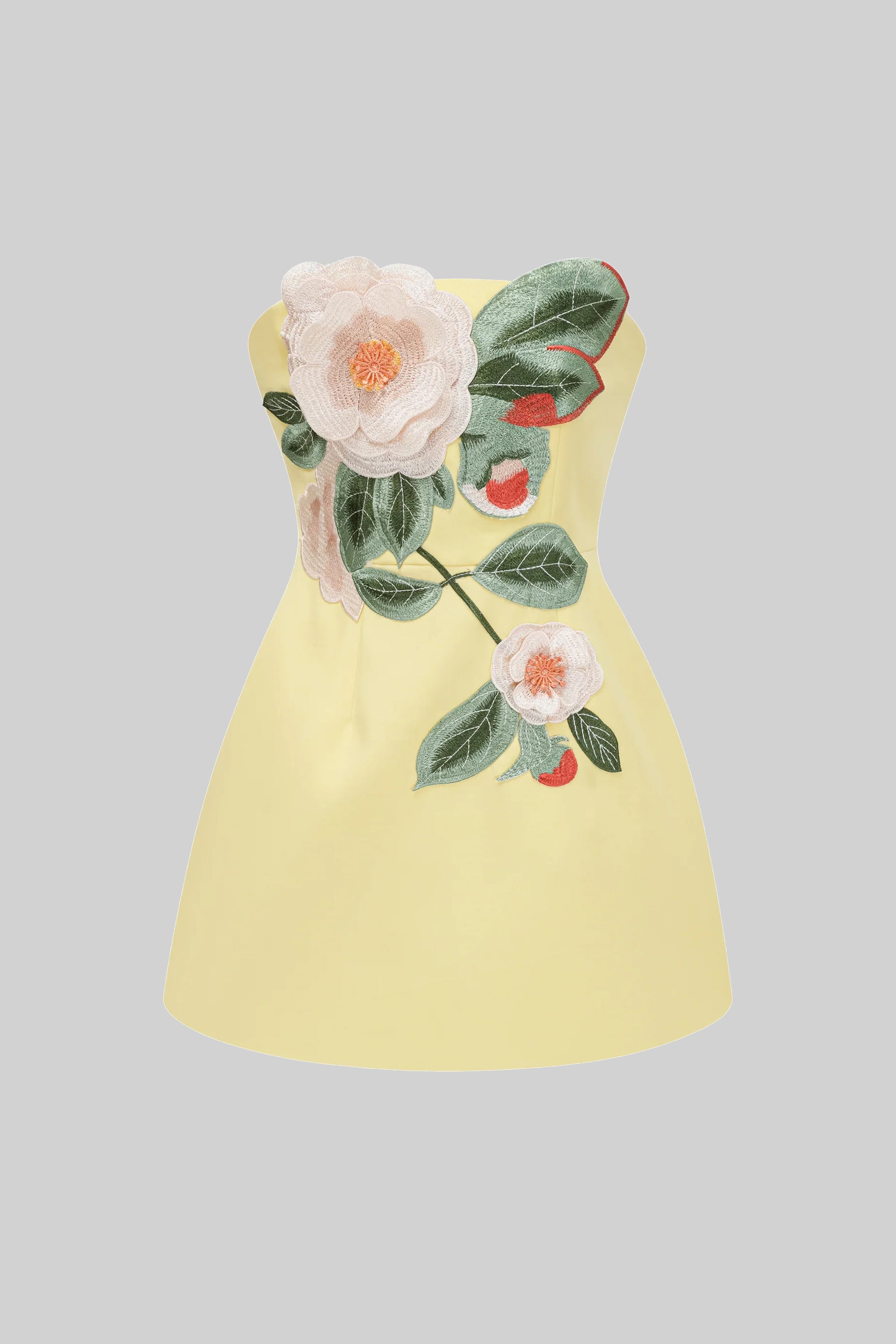 Strapless Mini Dress With 3D Camellia Floral Appliqué - Yellow