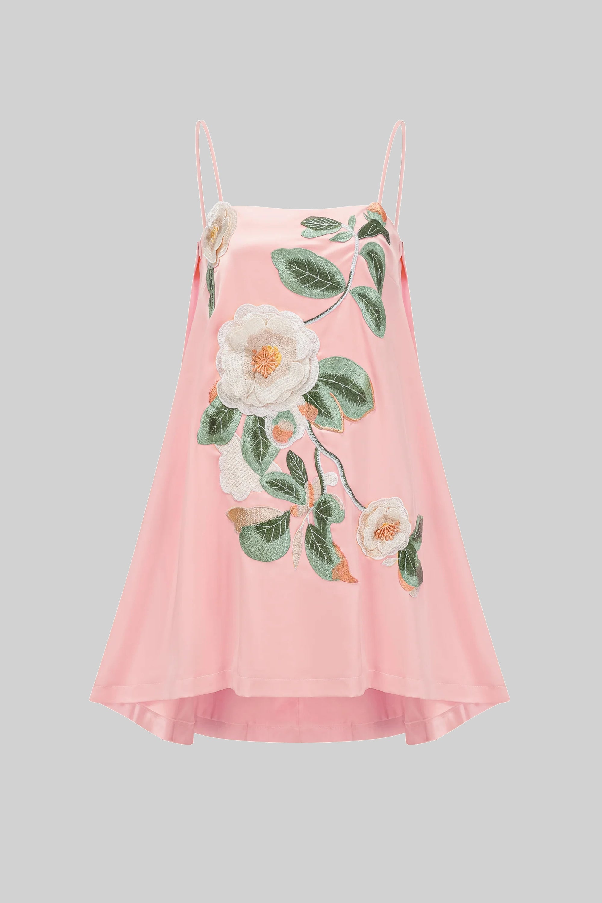 Spaghetti-Strap Mini Dress With 3D Floral Appliqué And A-Line Skirt - Pink